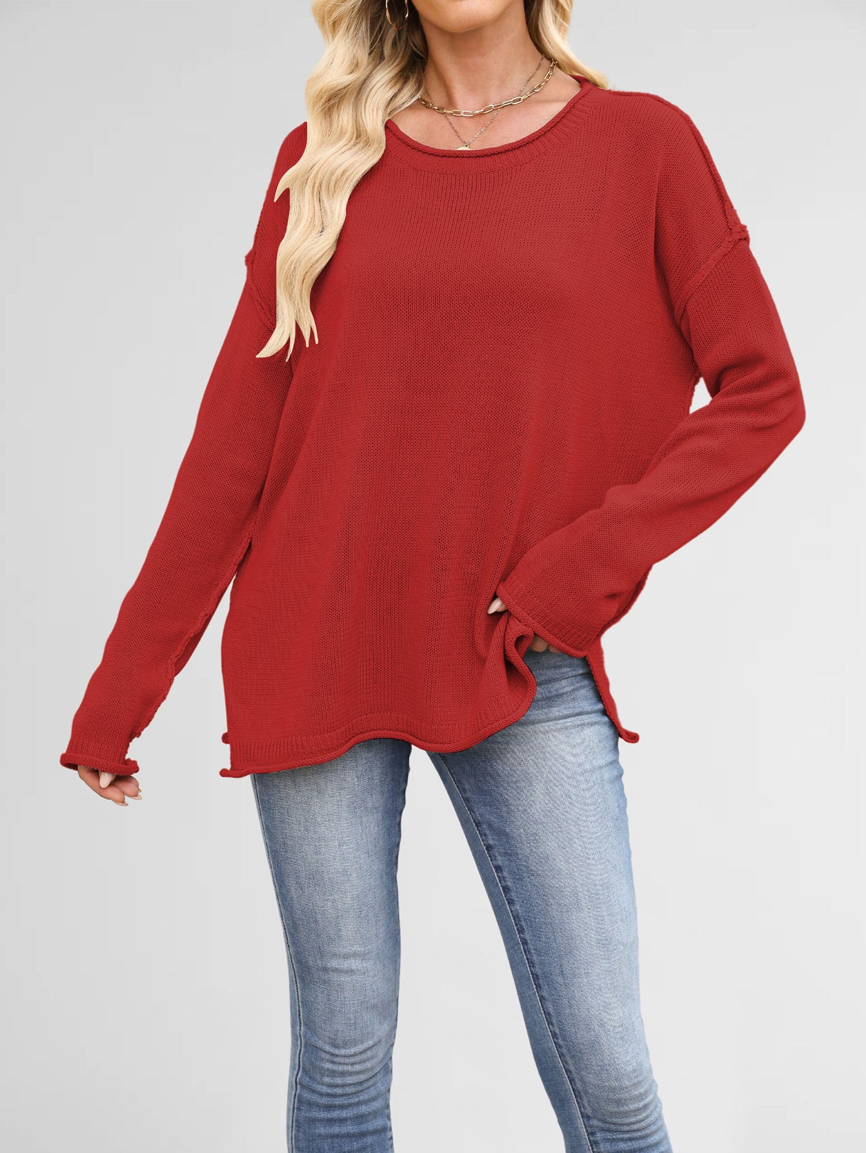 Luźne Swetry Damskie, Luźne, z Długim Rękawem i Okrągłym Dekoltem, Dzianinowe, Przytulne, Swetry Pullover Czerwony M