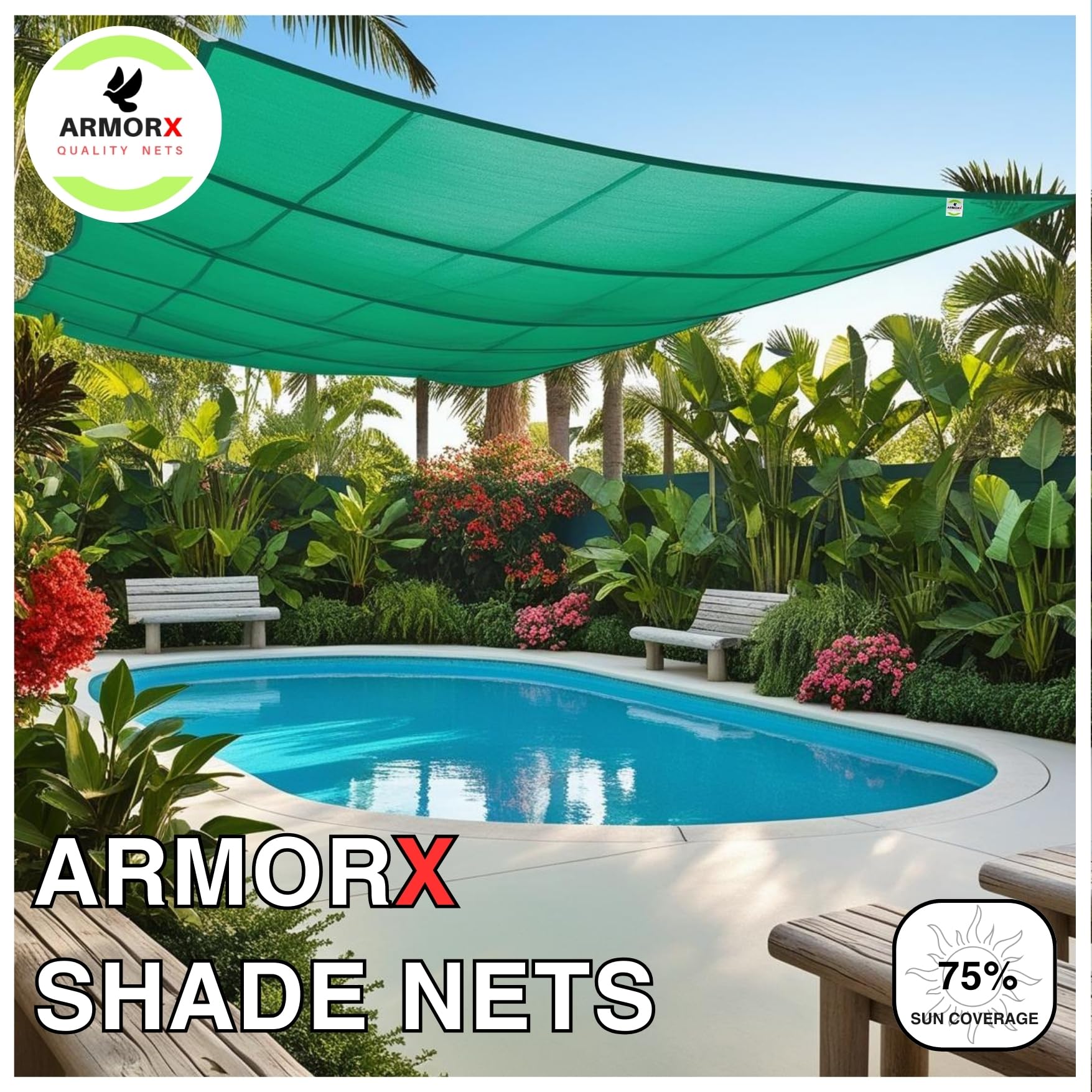 ARMORX Shade Net/Shade Cover for Garden, Greenhouse, Privacy Fencing - UV Stabilized 75% Sun Block with Eyelets Attached for Easy Installation - Green - 10ftx10ft 1