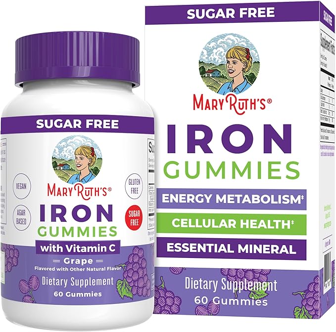 MaryRuth's Iron Gummies for 14+ with Vitamin C for Absorption | Sugar Free | Gummy Iron Supplement + VIT C | Energy Metabolism | Cellular Health | Immune Support | Vegan | Non-GMO | 60 Count