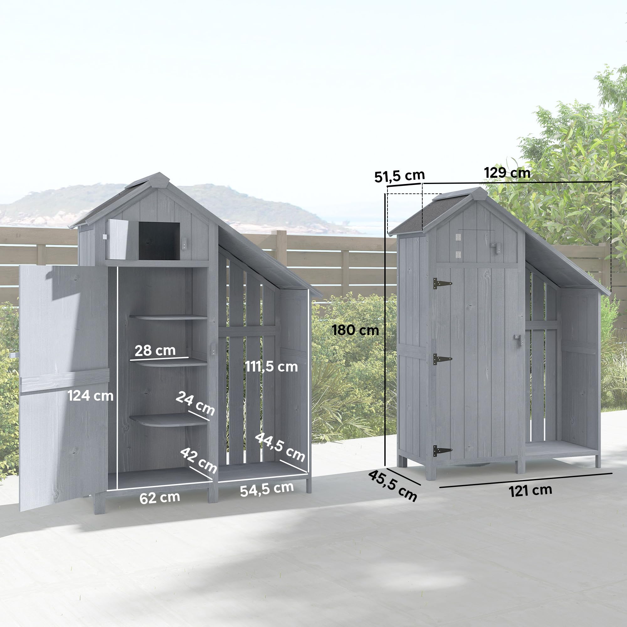 Outsunny Armoire de jardin en bois d'extérieur - Résistant aux intempéries - Avec toit en asphalte - Étagère - Armoire de rangement polyvalente pour jardin, terrasse - 129 x 51,5 x 180 cm - Gris