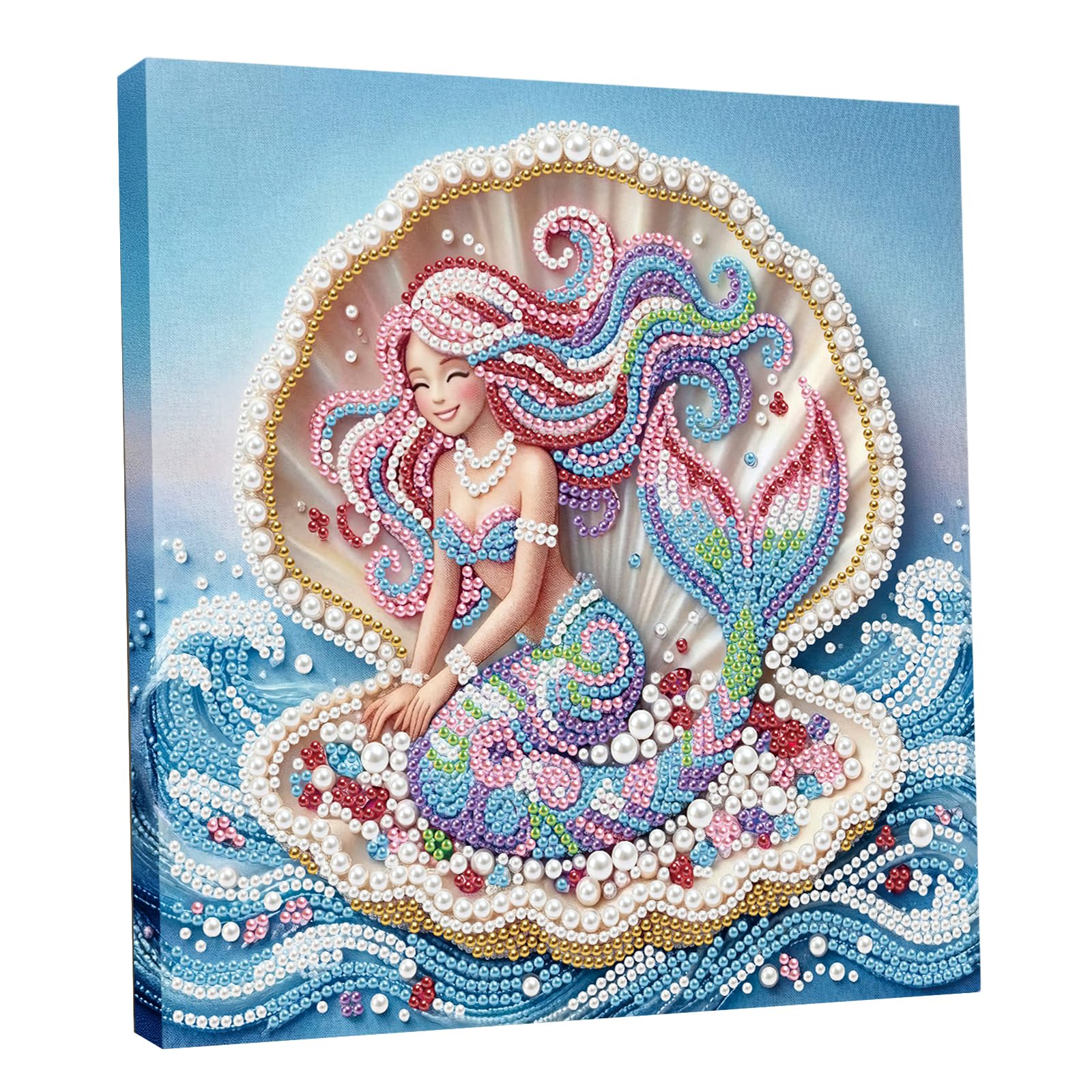 DIY Pearl Painting Kit with Wooden Frame, 3D Plastic Pearl Gemstone Ocean Art Craft for Adults Beginners, Diamond Art Kits for Adults, Home Wall Decor Ready Gift for Women(Seashell Mermaid)(25*25cm)