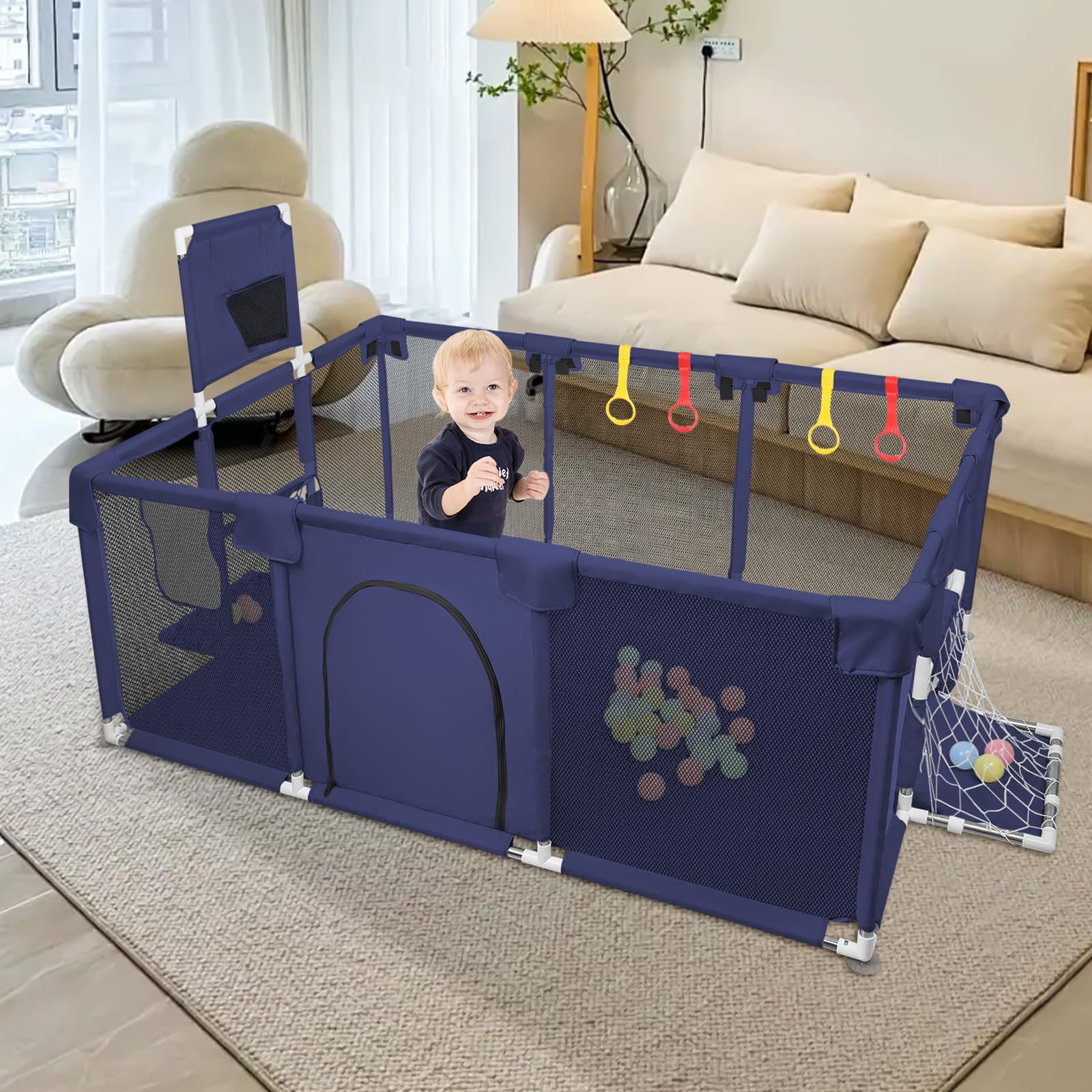 Parc Bébé, 180x120 cm Parc Enfant en tissu oxford, Playpen Baby avec Maille Respirante, Centre d'activités pour Enfants (180 x 120 cm / 50 petites boules + 4 anneaux de traction)