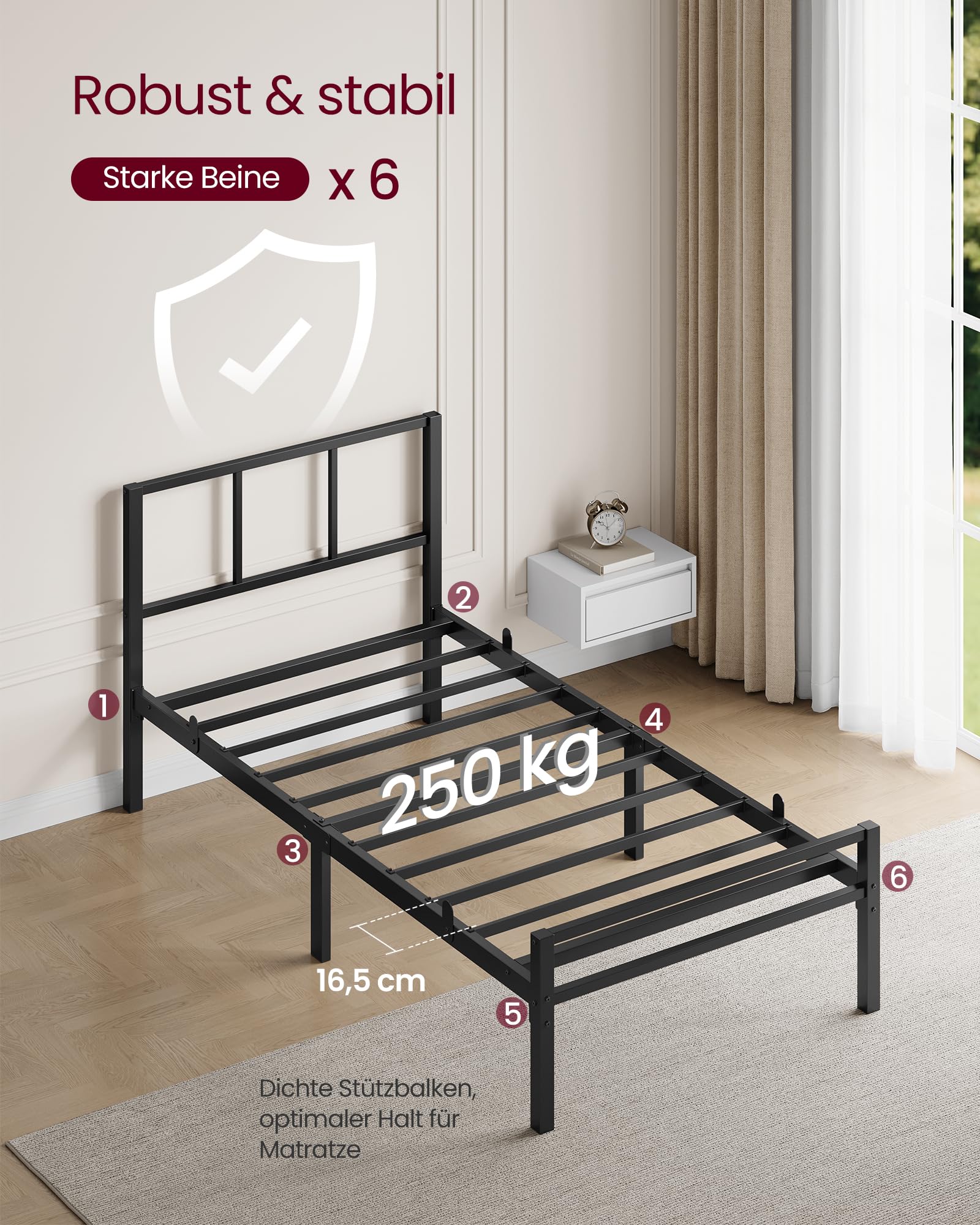 VASAGLE Einzelbettgestell, 90 x 200 cm, Bettrahmen mit Lattenrost, Kopfteil, Bett, aus Metall, bis 250 kg belastbar, einfache Montage, für Schlafzimmer, tintenschwarz RMB292B101