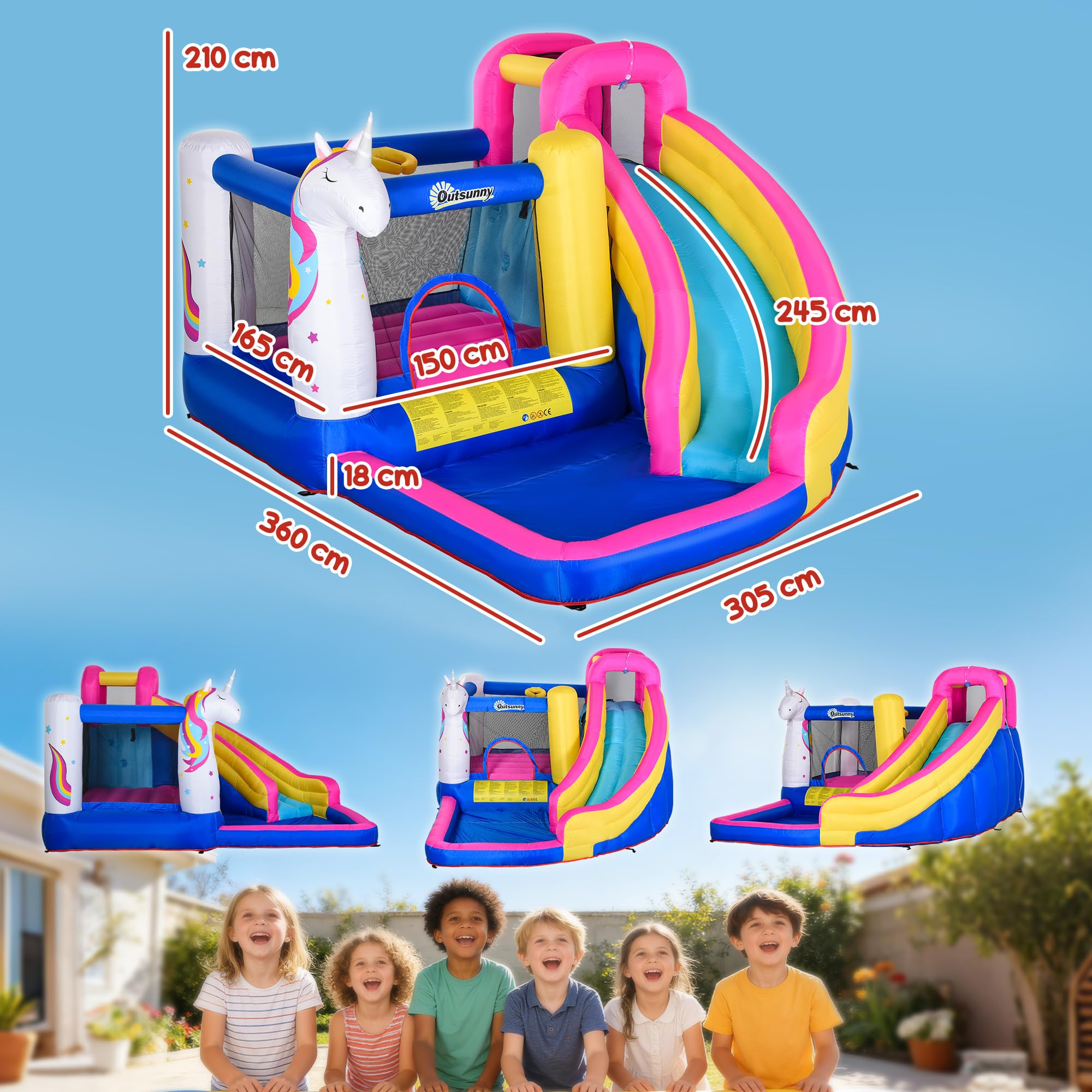 Outsunny Castillo Hinchable para Niños Castillo Inflable Infantil en Forma de Unicornio Parque Acuático con Tobogán Piscina Cama de Salto Inflador y Bolsa de Transporte 360x305x210 cm para 3-8 Años