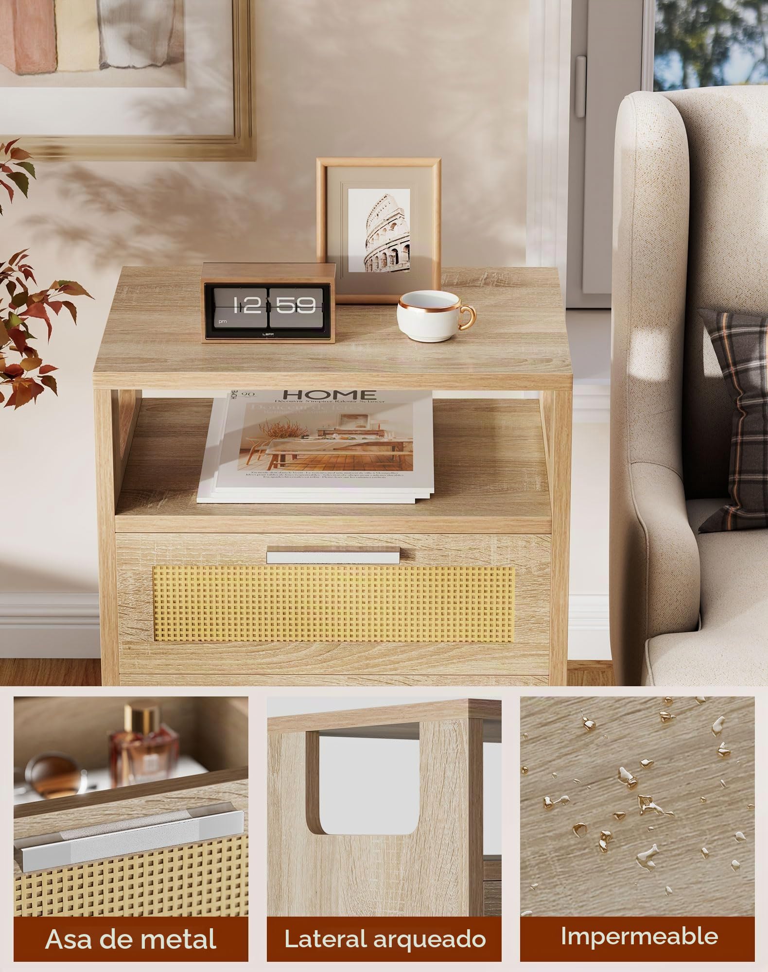 YMYNY Mesita de Noche de Ratán, Mesa Auxiliar, Mesa de café, Mesilla de Noche con 2 Cajónes, Comoda Boho, Piernas de Madera Maciza, 39x29x59 cm, para Dormitorio, Oficina, Salón, Natural HST015N