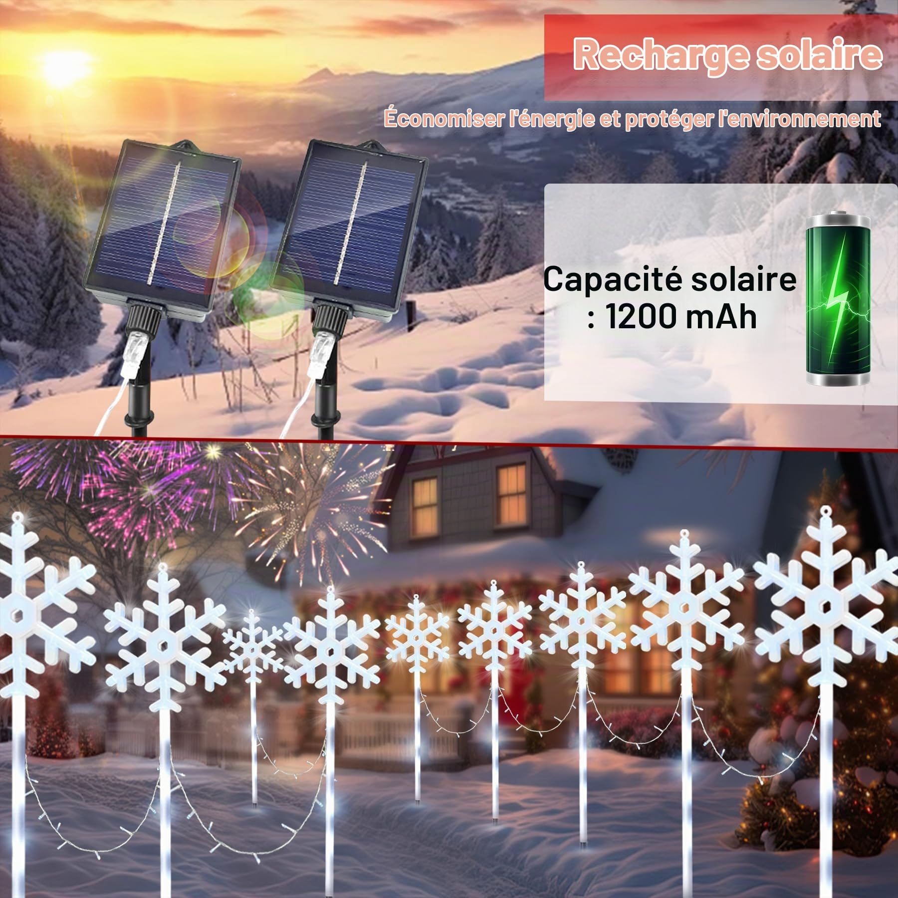 VEEKAY 10 Pièces Decoration Noel Lampe Solaire Exterieur,8 modes de canne à sucre éclairée solaire,Flocon de Neige Lumières de Noël,Étanches,Marqueur De Chemin De Noël pour Terrasse Cour Cadeaux