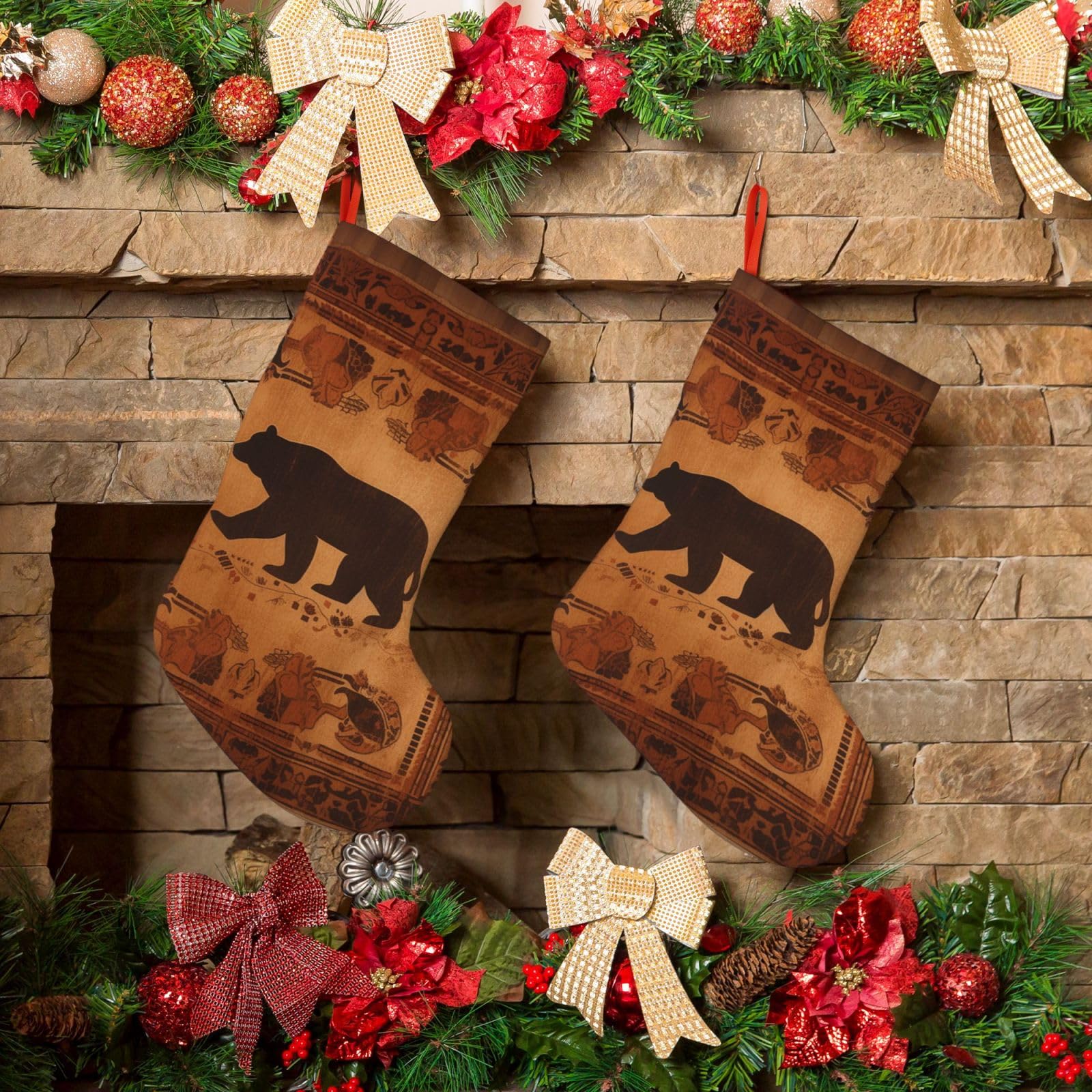 KLOPH Christmas Stockings 18" Personalized Xmas Stocking Bear Decoration Stocking Hanging Fireplace Stocking for Holiday Xmas Tree Christmas Fireplace Decor