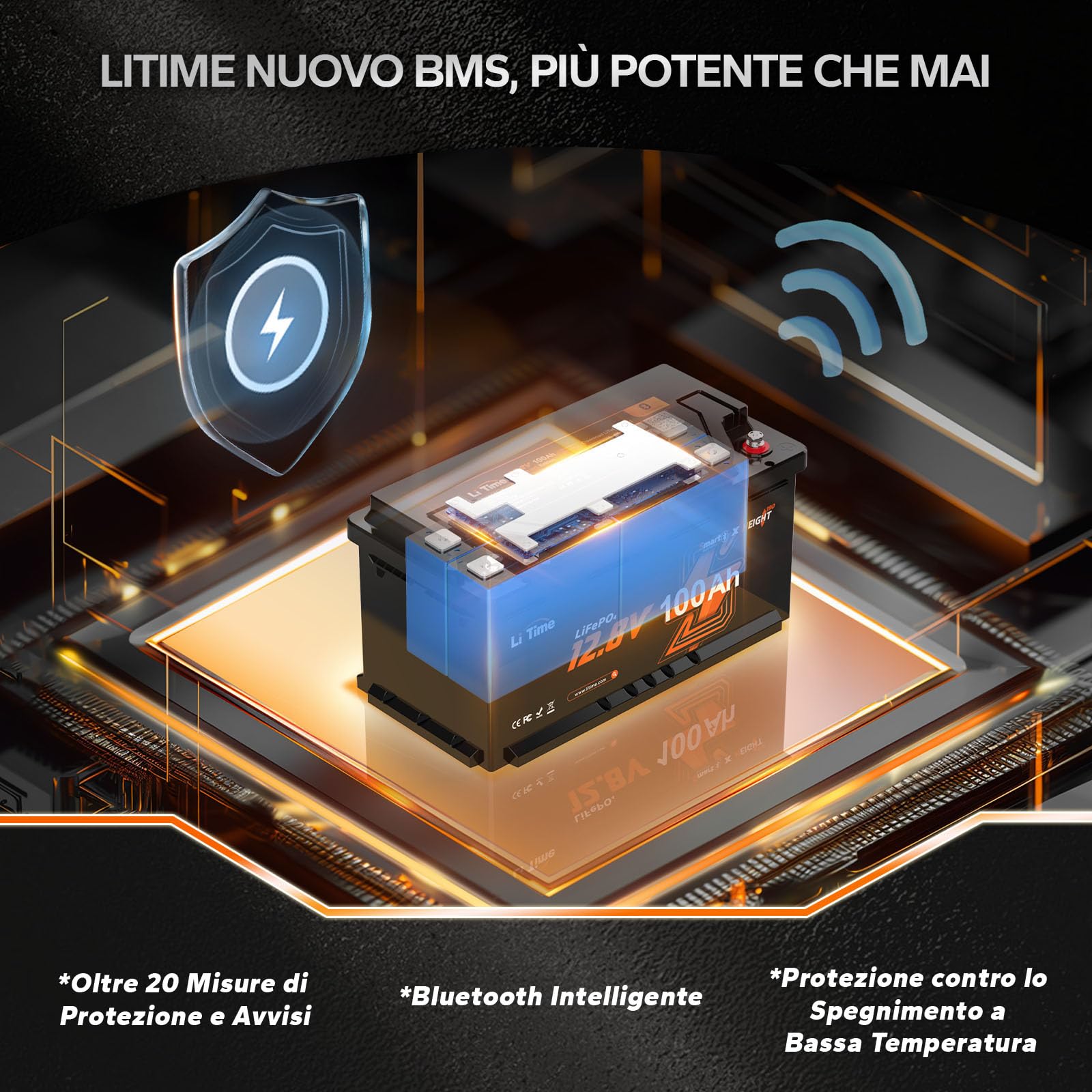 LiTime Lifepo4 Batteria 12V 100Ah H190 Bluetooth, Dimensioni della batteria per camper DIN H8 L5 GROUP49, 100BMS e protezione contro le temperature basse, Progettato appositamente per caravane europee