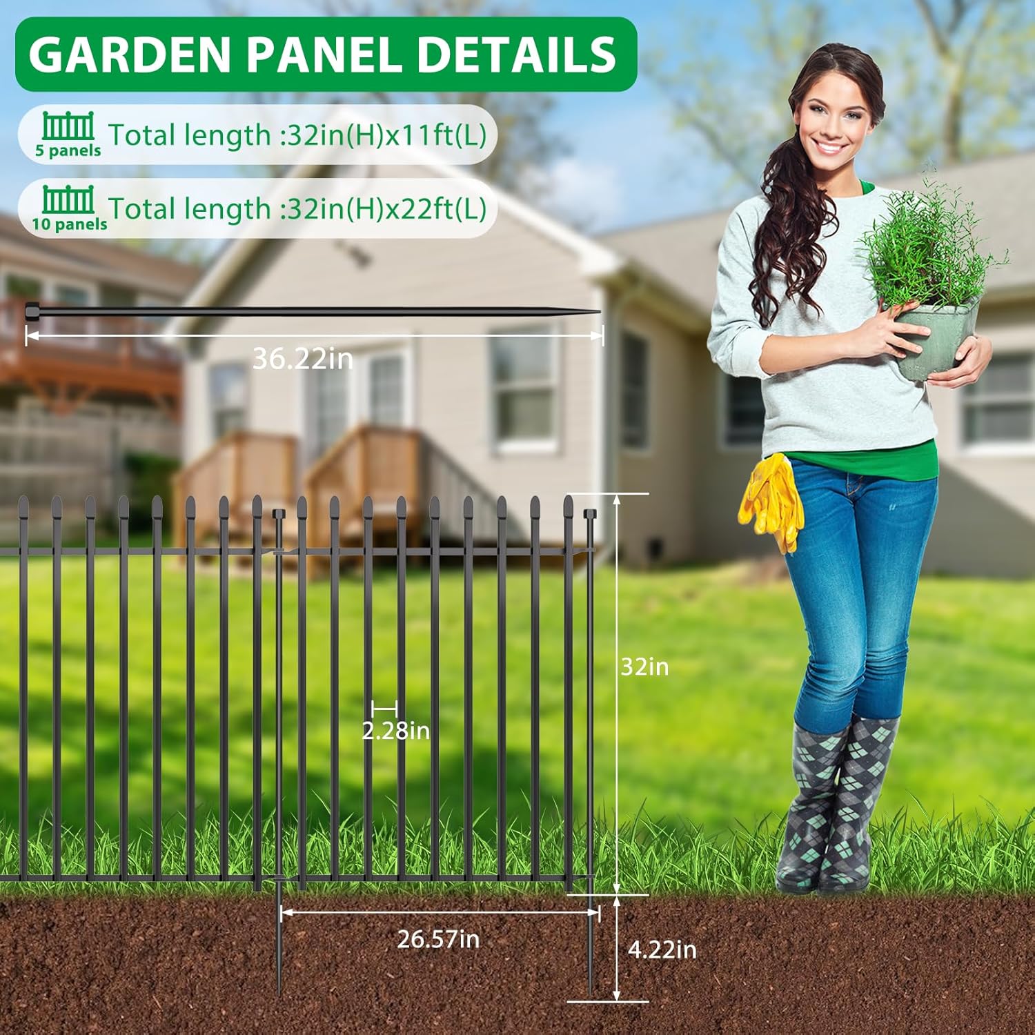 10 Panels No Dig Decorative Garden Fence, 32in(H)×22ft(L) Heavy-Duty Rustproof Metal Panels, Outdoor Dog Barrier for Yard & Patio, Landscape, Border| Portable Temporary Fencing 10 Panels-32 in(H) X 22 ft(L)
