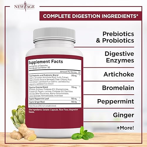 Miniatura 5 de NEW AGE Enzimas digestivas para la salud intestinal, múltiples enzimas probióticas con prebióticos y probióticos con lipasa para mujeres y hombres
