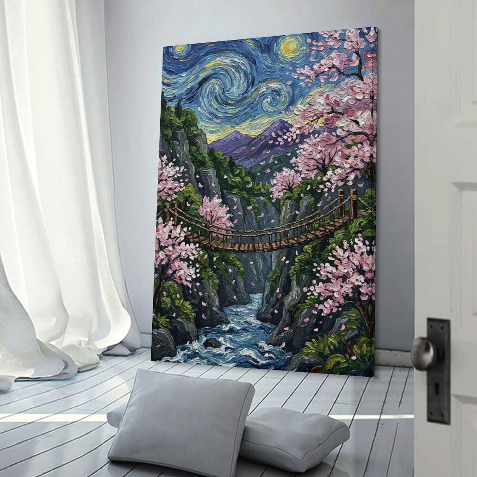 Junmoney Starry Night Cherry Blossom Bridge Room Decor Wall Art 24x36inch(60x90cm), for Bedroom Walls, Guest Spaces Or Lounges, An Easy Wall Refresh for Bedrooms