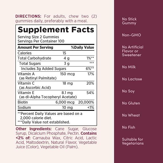 Nature's Bounty Optimal Solutions Advanced Hair, Skin and Nails Pectin Gummies, 2X Biotin Per Serving, No Stick Gummy, Vegetarian Formula, Strawberry Flavor, 200 ct, 100 Servings, (Pack of 2)