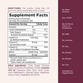 Nature's Bounty Optimal Solutions Advanced Hair, Skin and Nails Pectin Gummies, 2X Biotin Per Serving, No Stick Gummy, Vegetarian Formula, Strawberry Flavor, 200 ct, 100 Servings, (Pack of 2)