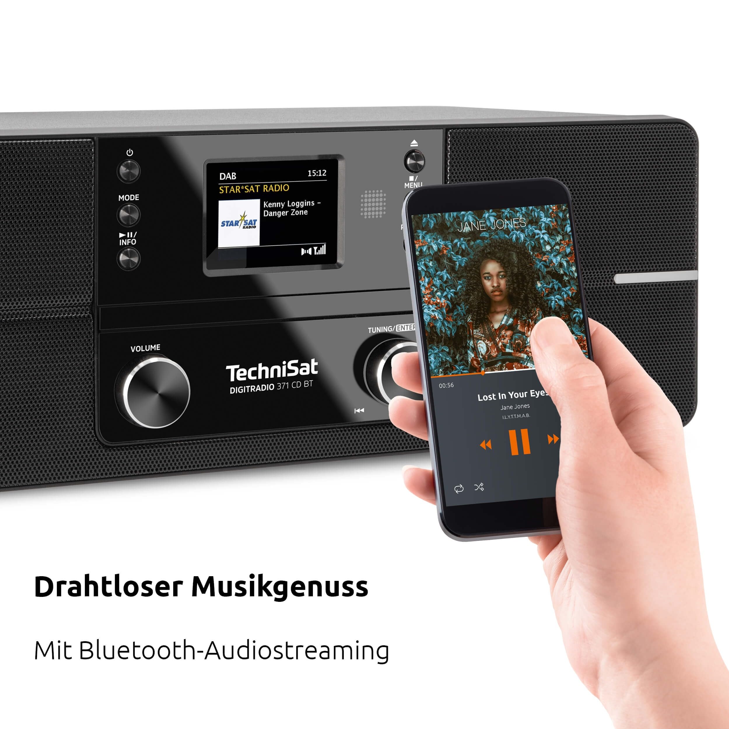 TechniSat DIGITRADIO 371 CD BT - Stereo Digitalradio (DAB+, UKW, CD-Player, Bluetooth, Farbdisplay, USB, AUX, Kopfhöreranschluss, Kompaktanlage, Wecker, 10 Watt, Fernbedienung) schwarz/silber
