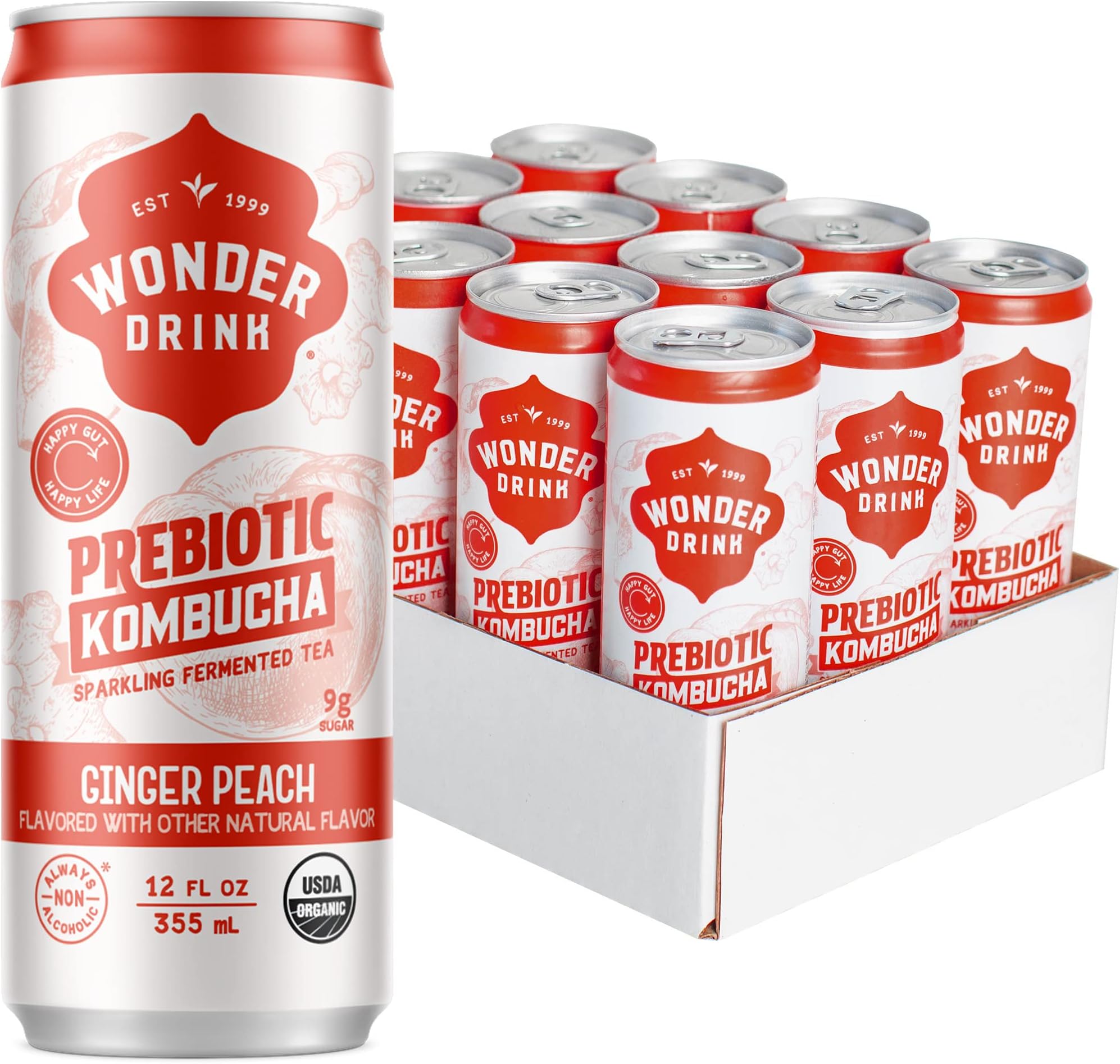 Wonder Drink Organic Kombucha Plant-Based Prebiotic Gut Health Sparkling Fermented Tea Low Calorie & Low Sugar Soda Alternative, Digestive Health Benefits, Non-Alcoholic Ginger Peach, 12oz Pack of 12