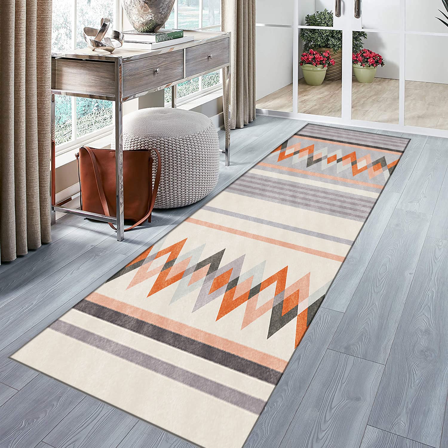 Läufer Teppich Flur rutschfest Geometrische Muster Teppich für Küche Wohnzimmer Modernes Design für Eingangsbereich und Büro Geeignet für stark frequentierte Bereiche
