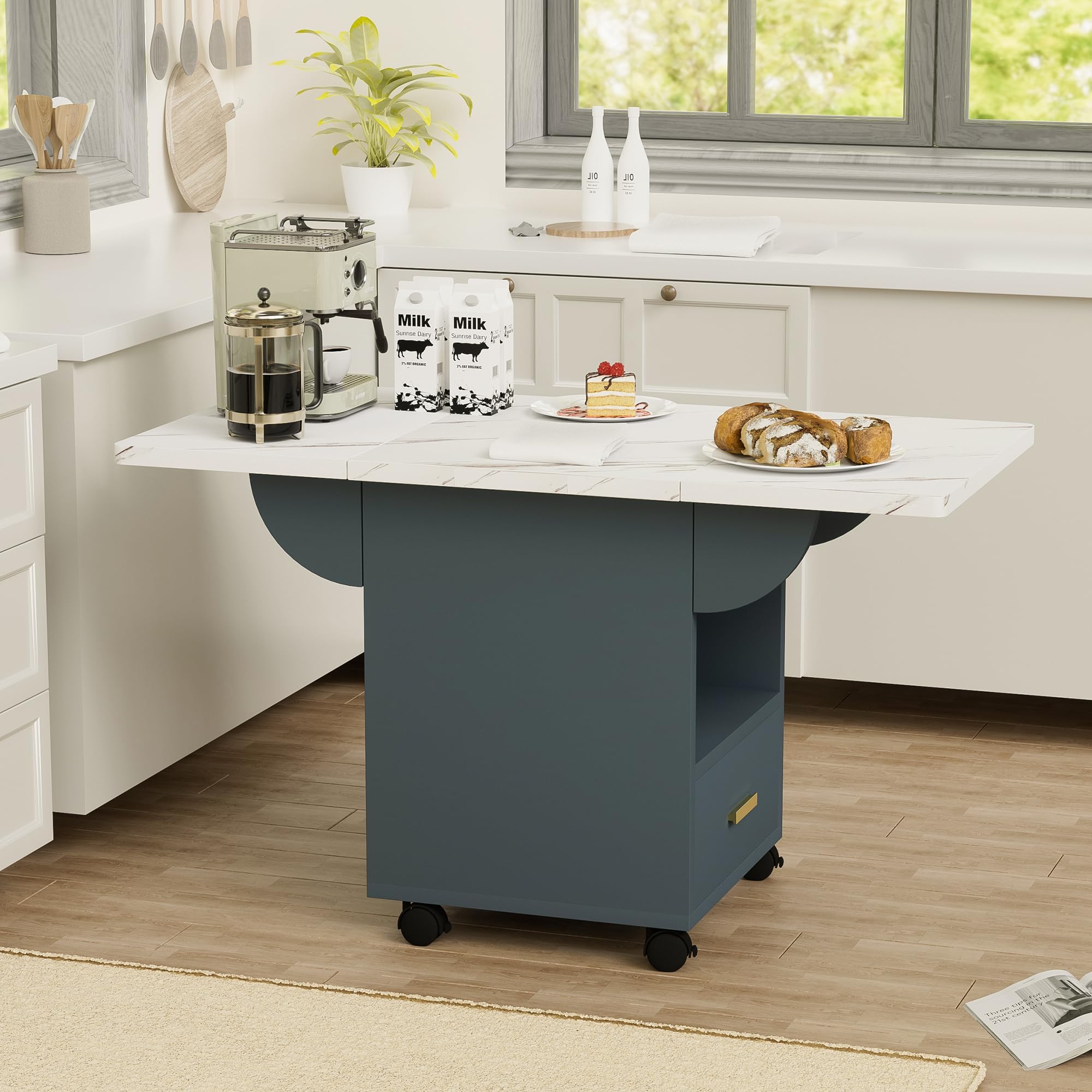 Folding Dining Table with Marble Texture Top, Dark Gray, Space-Saving Storage Drawer, Rolling Wheels, 39.37" x 19.69" x 22.83“