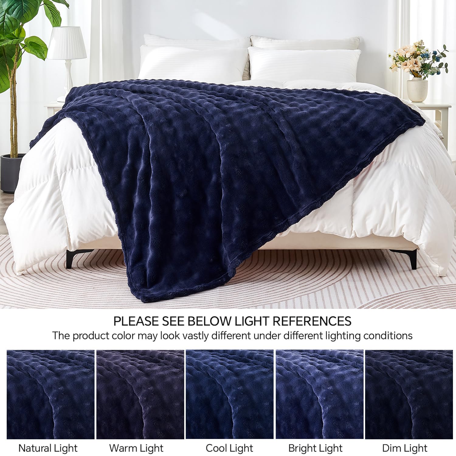 Wajade Fleece Throw Blanket Bubble Faux Fur Fluffy Bed Blanket Super Cosy Warm Large Blanket for Bed Sofa Car Navy Blue 153x203CM - Image 4
