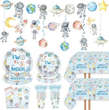 124pcs Two the Moon Birthday Party Supplies - Outer Space Two Party Plates Napkins Cups Forks Tablecloths Space Astronaut Banner Hanging Swirls for Boys 2nd Birthday Decorations20 Guests