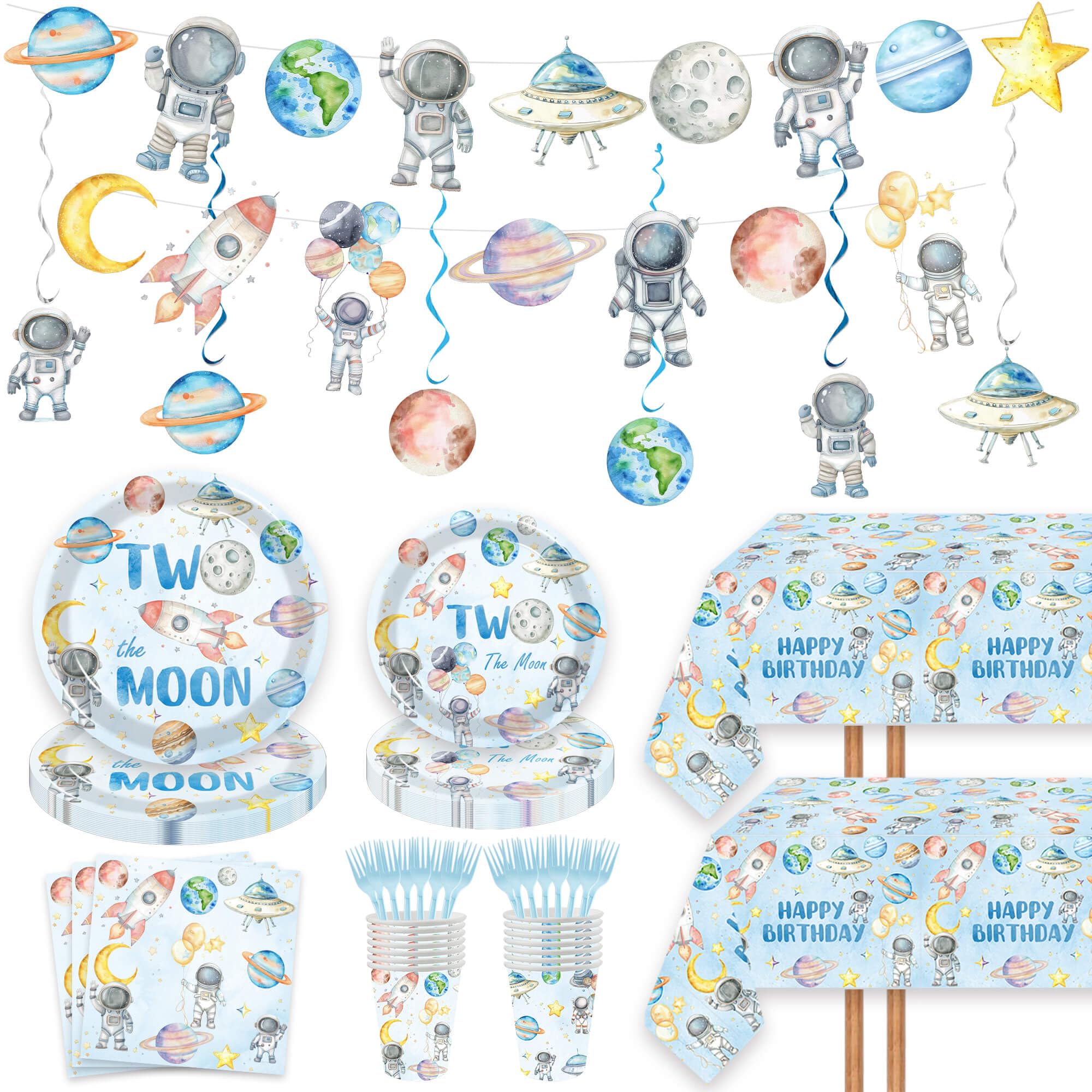 124pcs Two the Moon Birthday Party Supplies - Outer Space Two Party Plates Napkins Cups Forks Tablecloths Space Astronaut Banner Hanging Swirls for