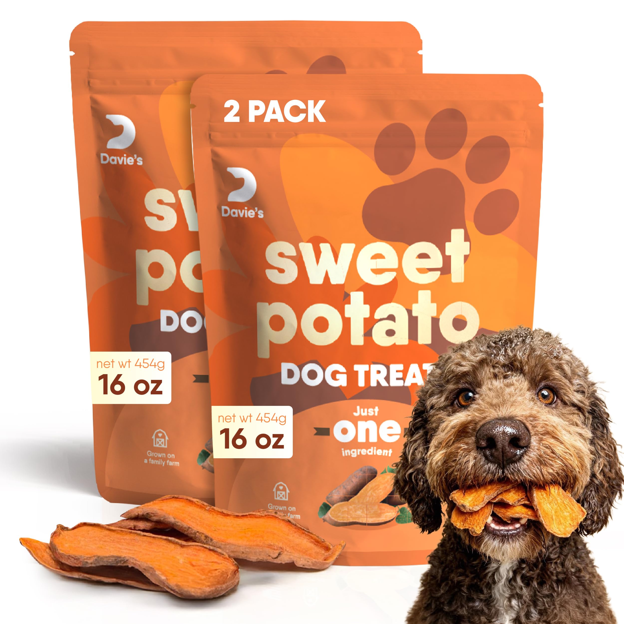 Davie's Sweet Potato Dog Treats - Healthy Treats Made in USA Only, Natural, Healthy Dog Chews, Low Fat, 1 lb Bag - Pack of 2