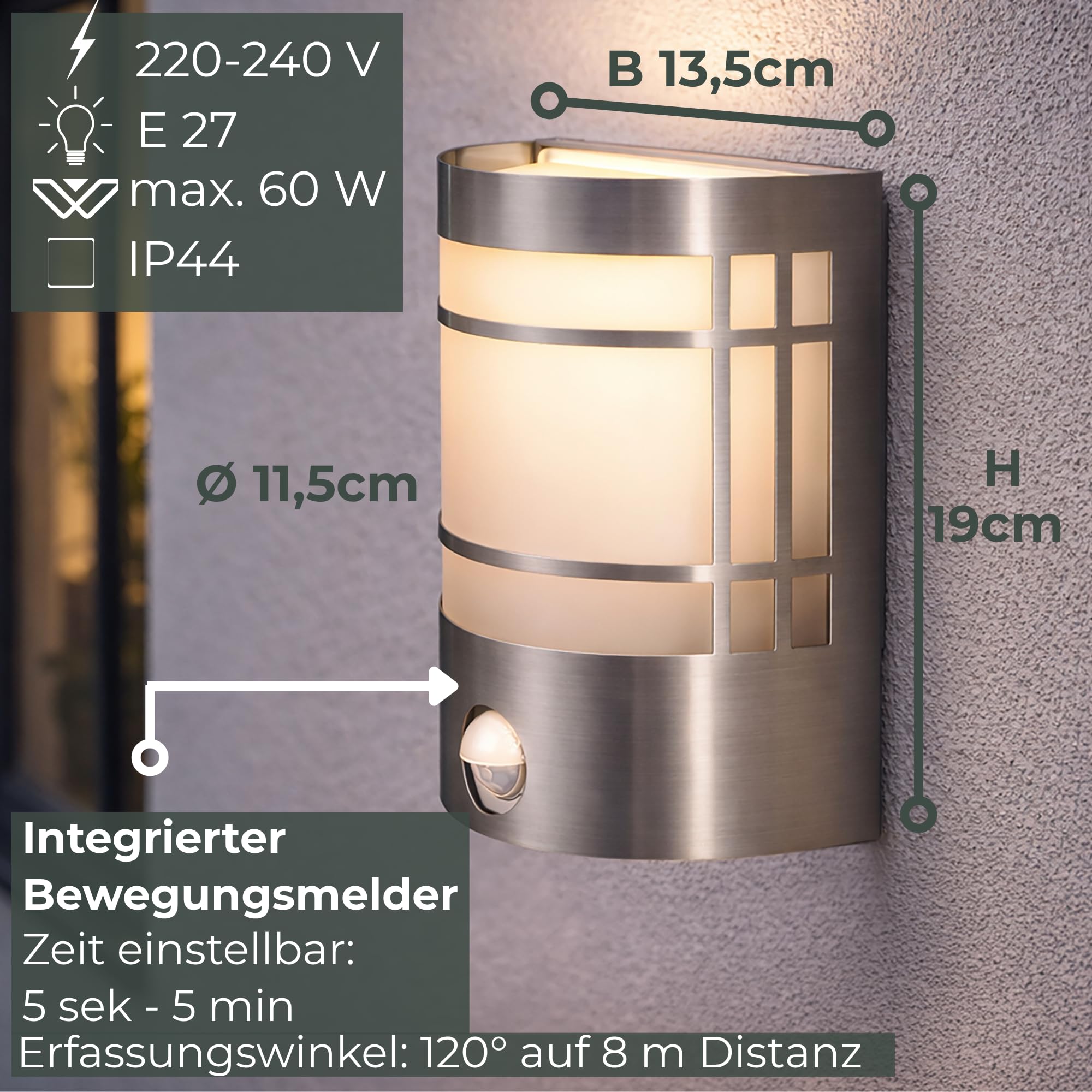 Novatool 2x Wandleuchte Aussen Edelstahl mit Bewegungsmelder I IP44 I E27 Sockel I 11,5x13,5x19 cm I Außenlampe Balkon Außenleuchte Außenbeleuchtung Haus Wandleuchte Aussenbeleuchtung Gartenleuchte