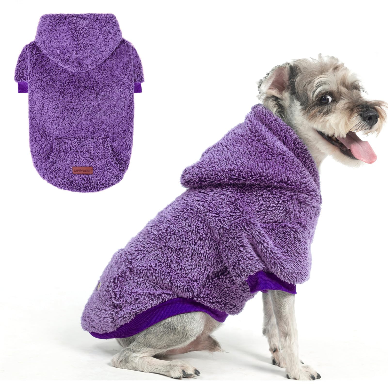 EXPAWLORER Fuzzy Sweaters, Double-Sided Plush Fleece Soft Dog Hoodie - Winter Coat, Sherpa Hooded Sweatshirt for Small to Large Dogs (Purple M)