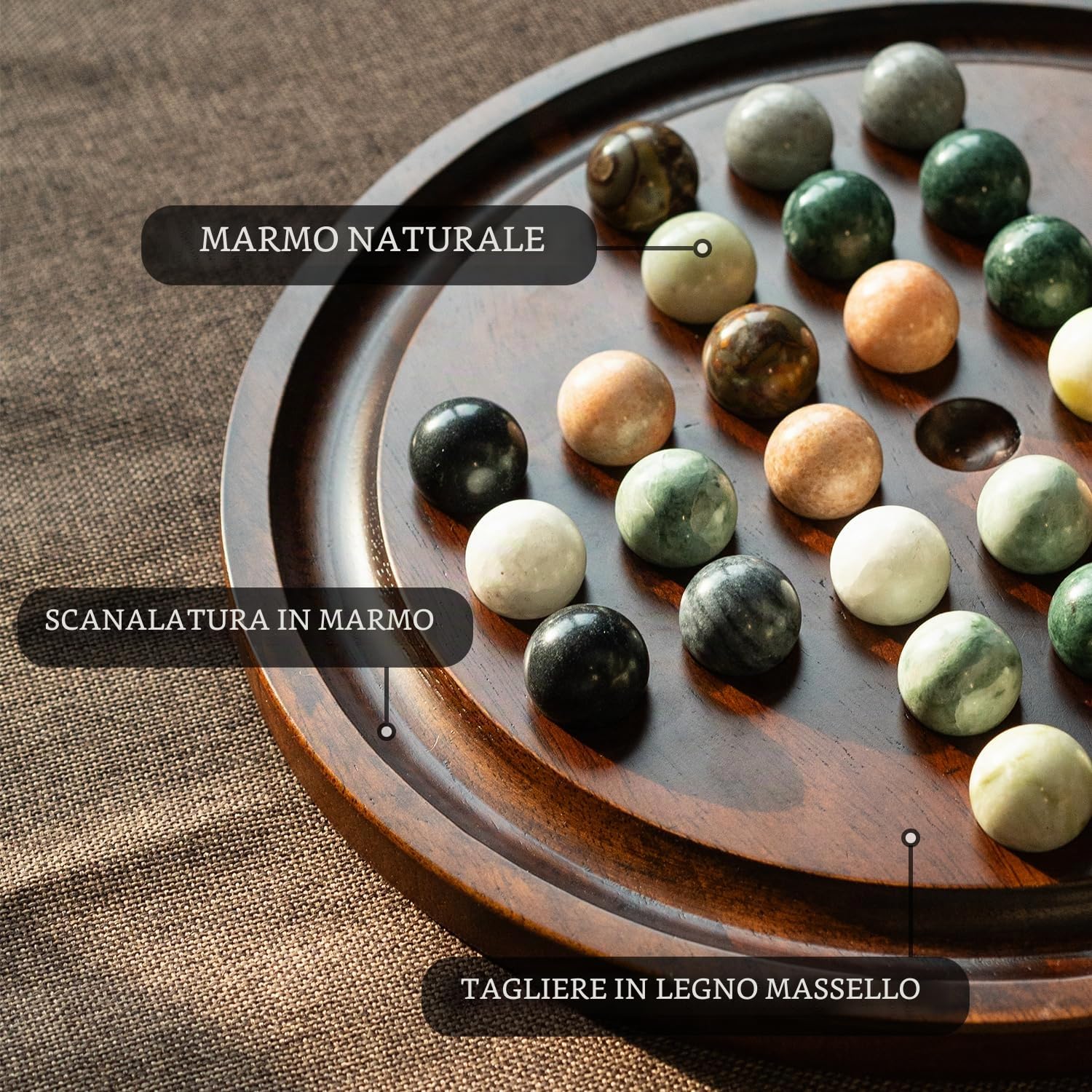 Deluxe Solitaire - Set da gioco in legno massiccio da 12,6 pollici, 32 palline in marmo naturale, giochi di strategia e di pensiero per giocatore singolo