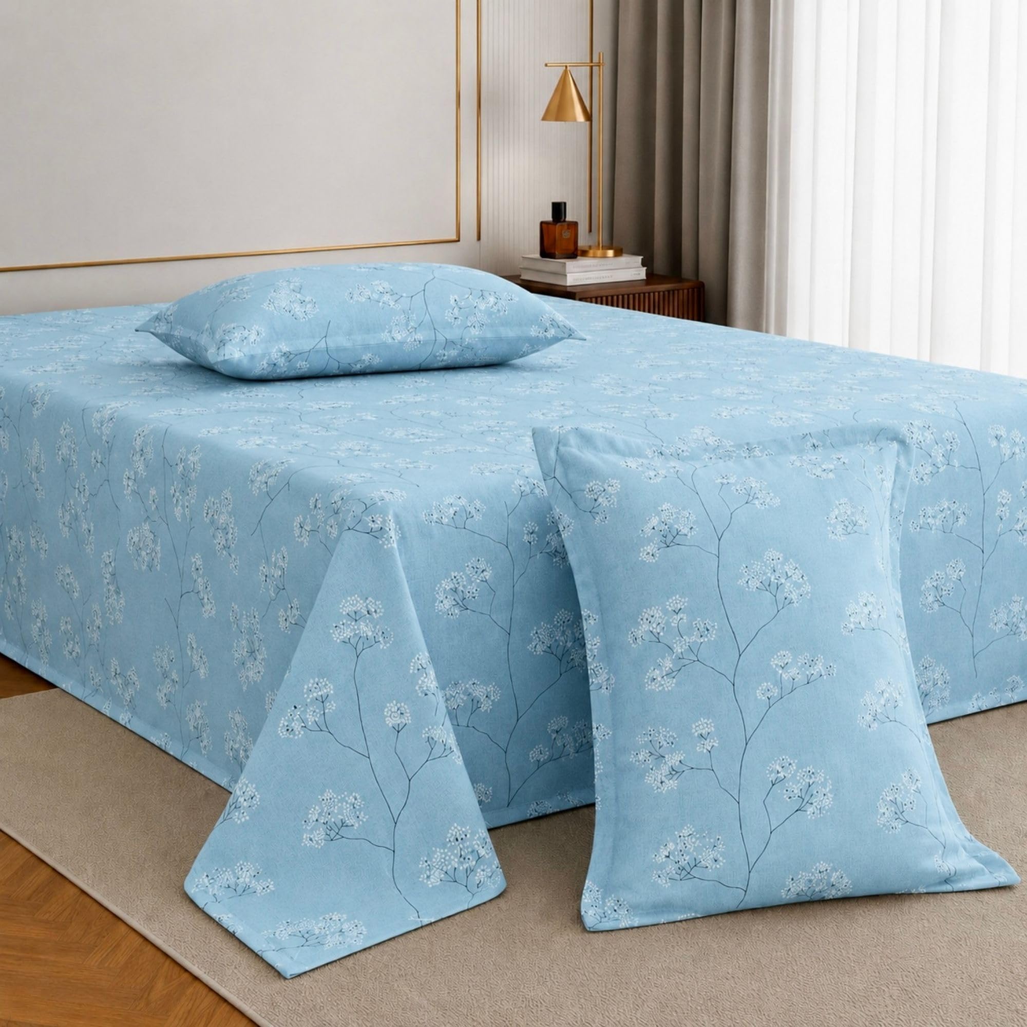 Jaipur Weaves Cotton King Size Bedsheet 108x108 Super King, 100% Pure Cotton Bed Sheet with 2 Pillow Covers, 240 TC Soft Breathable Floral Design Bedding - (Blue, Super King)-picture-17