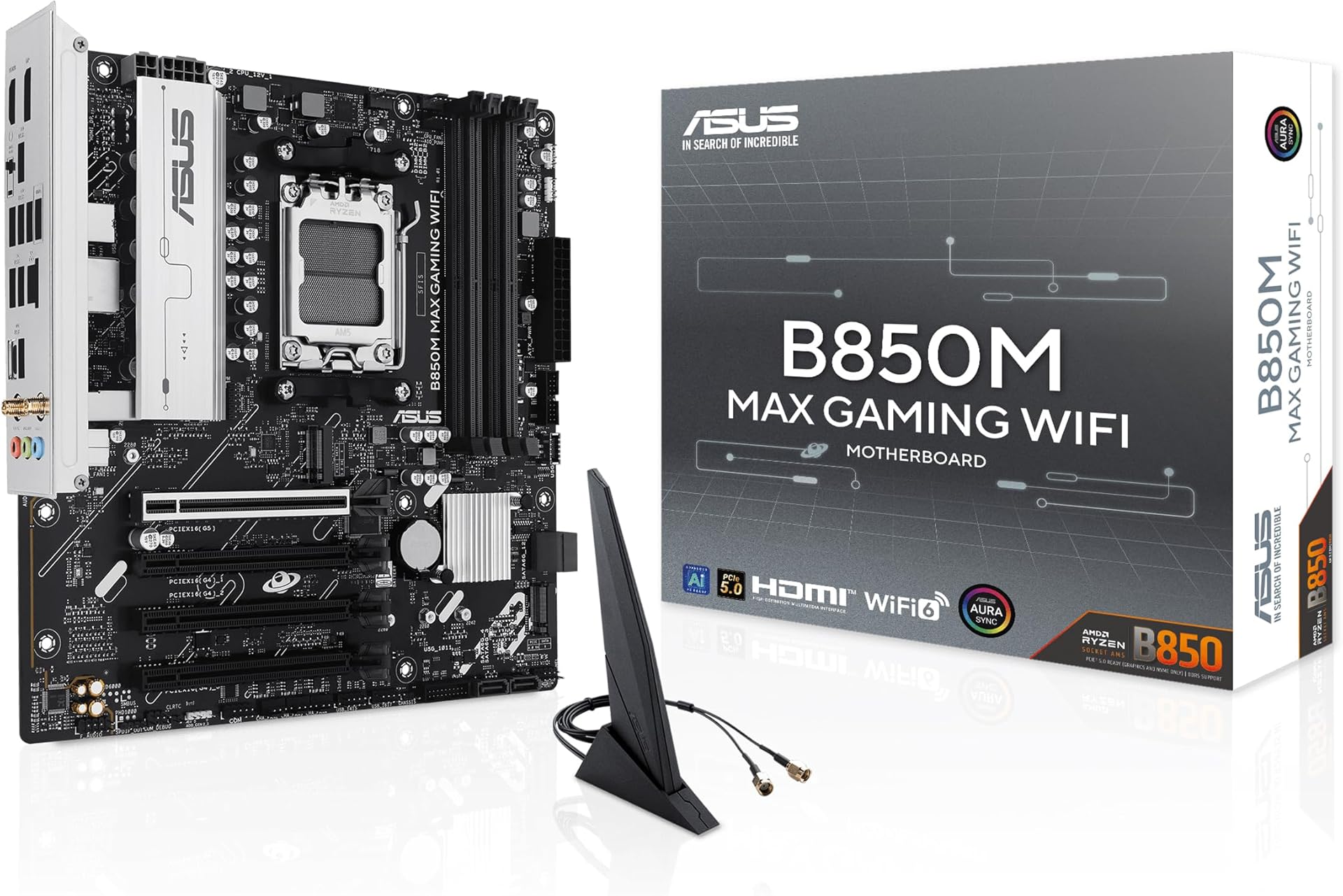 Asus B850M MAX GAMING WIFI, AMD B850, AM5, Micro ATX, 4 DDR5, HDMI, DP, Wi-Fi 6E, GB LAN, 3x M.2