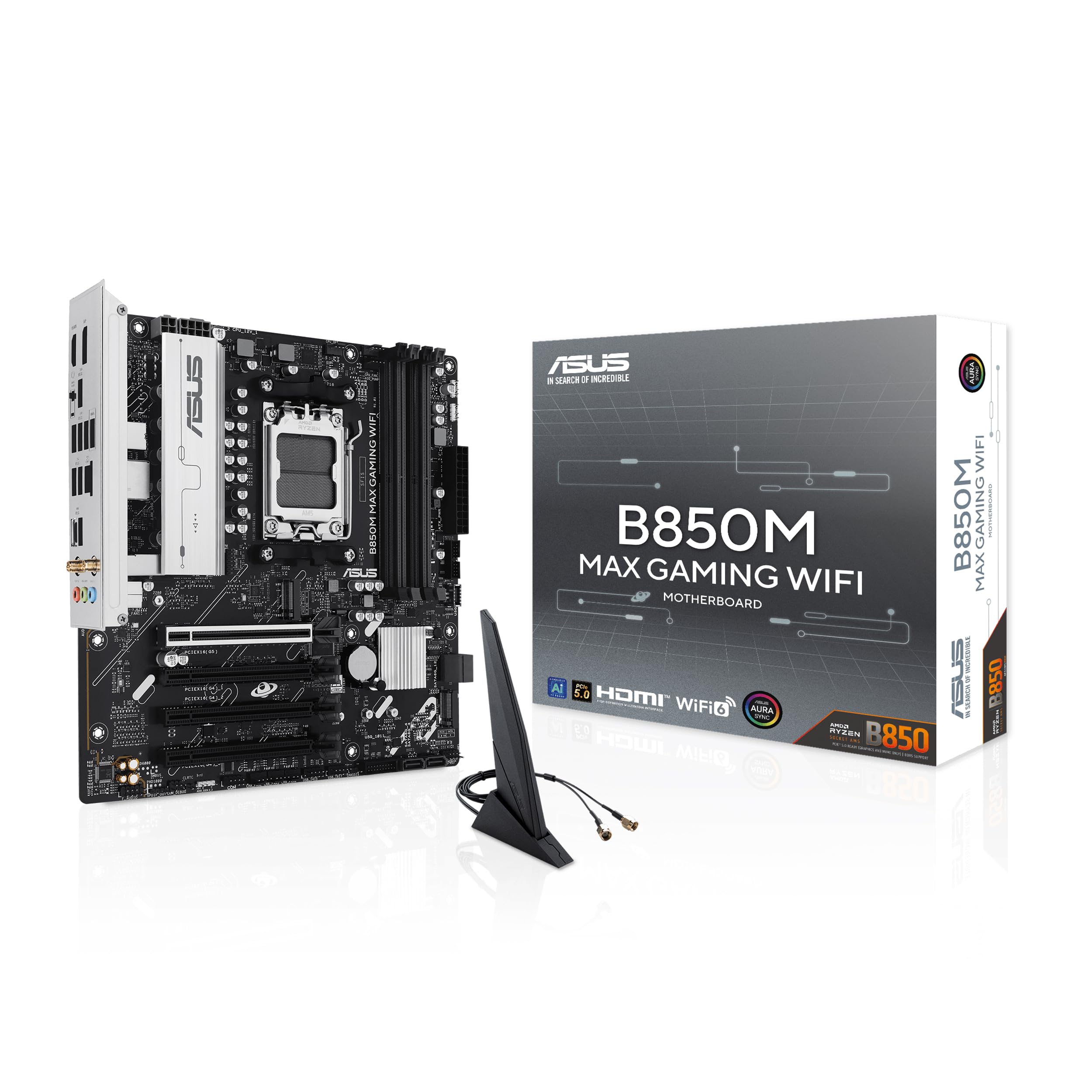ASUS B850M MAX GAMING WIFI AMD B850 AM5 DDR5 8000 DP HDMI 3x M2 USB3.2 WiFi 6 + BT AURA RGB mATX 256GB’a kadar ram desteği, 8+2+1 Güç Aşamaları, 1xGen5 M.2, Advanced AI PC-Ready