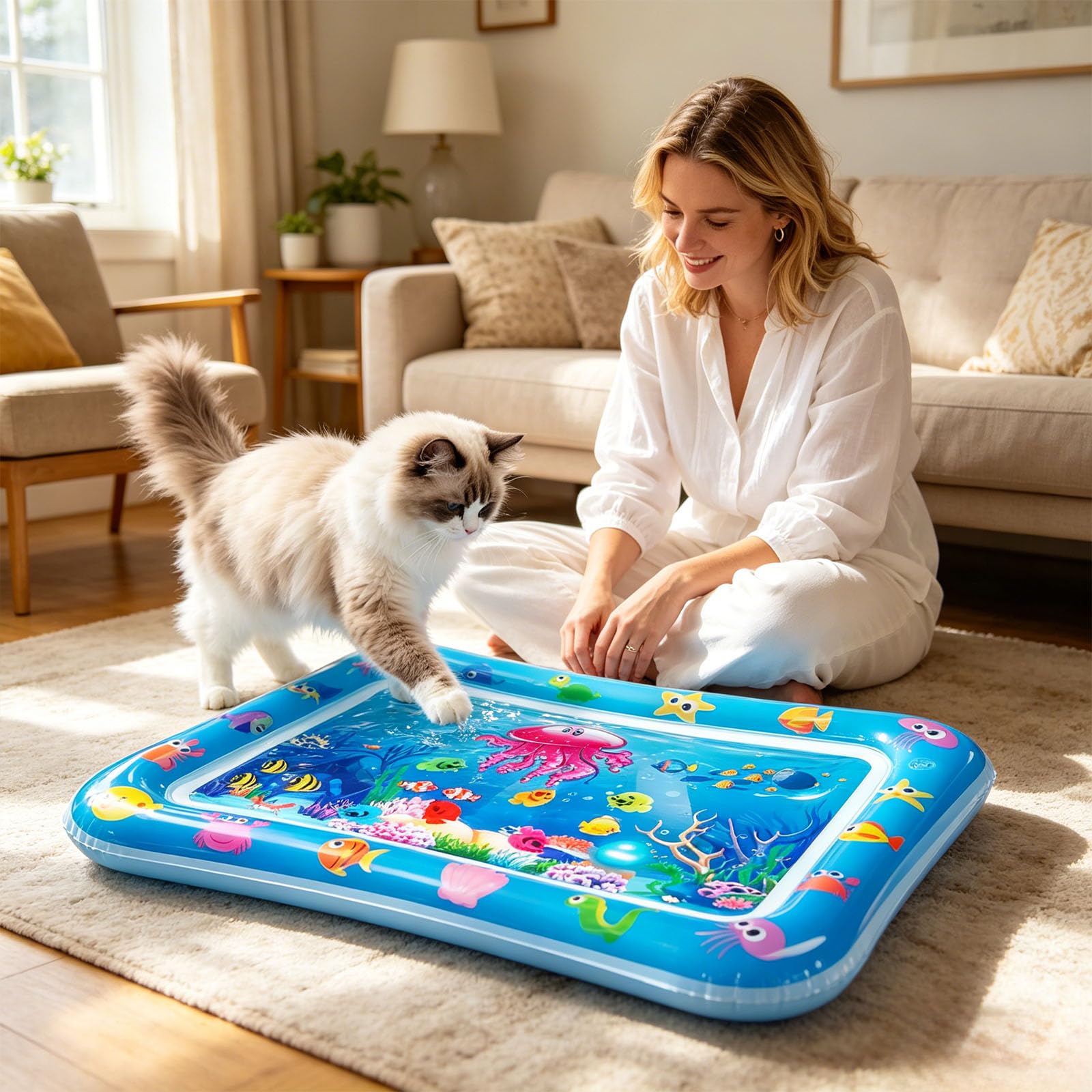 Kühlmatte Katze Wassermatte, Katzenspielzeug Wassermatte Sensorische Katze, 60x40CM Katzen Kühlmatte Katzenpool mit Fischen Spielzeug Licht, Interaktives Katzenspielzeug Selbstbeschäftigung Wasserbett