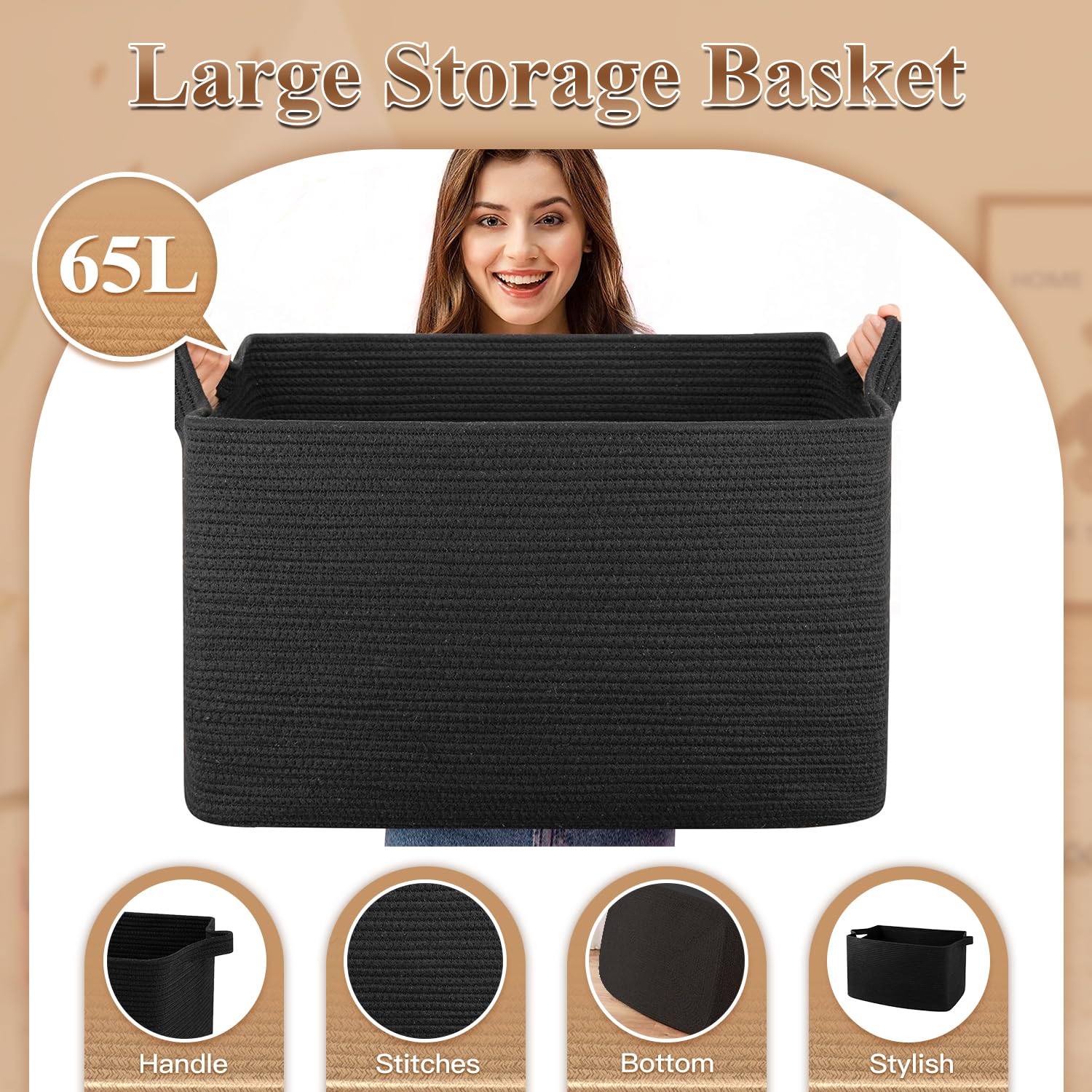 Esteopt Cesto portaoggetti pieghevole extra large da 65 l, con manici, in tessuto resistente, per giocattoli, coperte, vestiti stagionali, design pieghevole salvaspazio (55 x 38 x 30 cm) (nero)