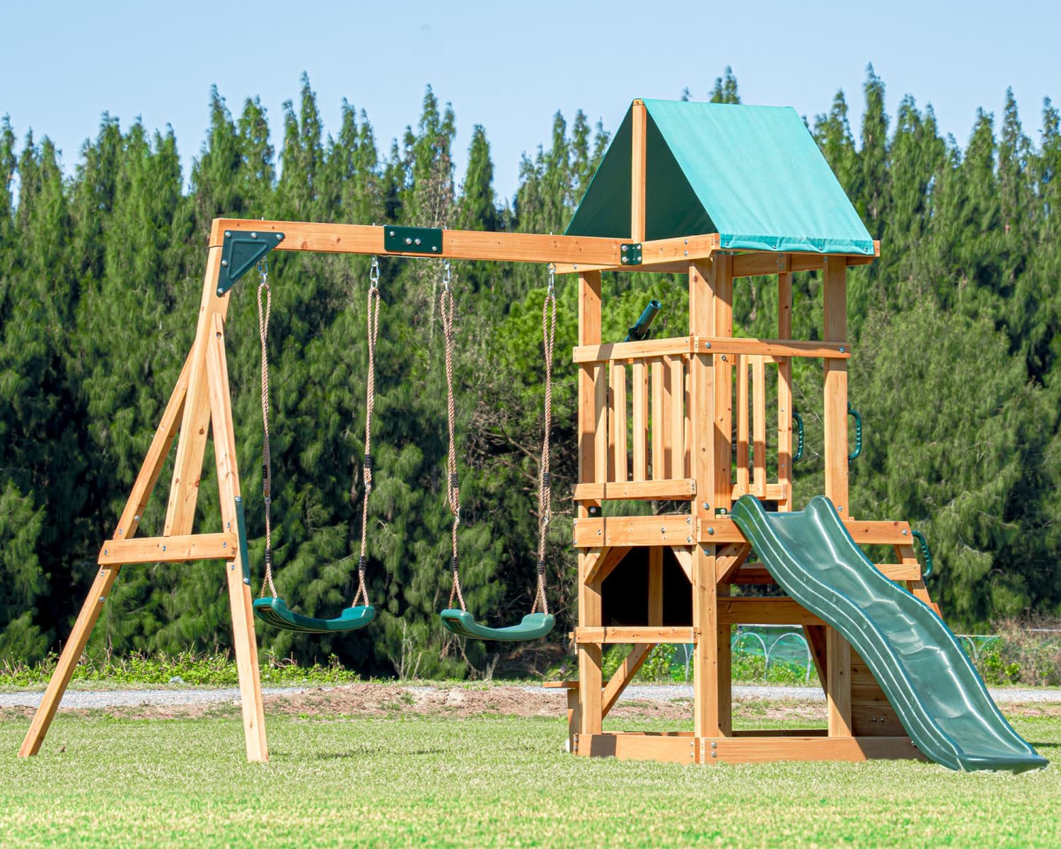 DOLPHIN PLAYGROUND T Schaukel Set mit 2 Schaukelsitzen | Klettergerüst, Tafel, Picknicktisch und Teleskop, Outdoor-Spielgerät, Zedernholz, Für Kinder ab 3 Jahren