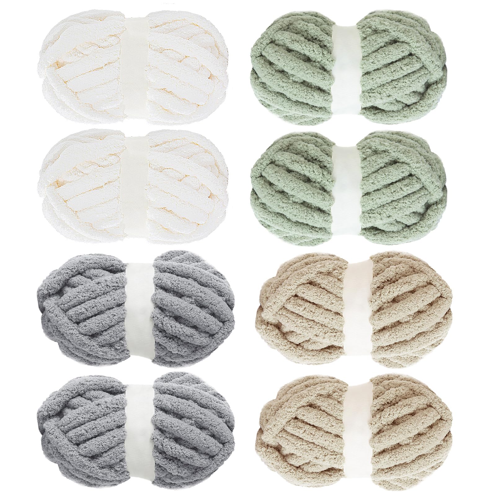 MABOZOO Assorted Chunky Yarn for Crocheting 8 Pack,Fluffy Jumbo Chenille Yarn,Soft Plush Yarn Bulky,Giant Thick Fuzzy Yarn for Hand or Arm Knitting,Cream & Khaki&Sage&Grey(31.7 yds,8 oz Each Skein)