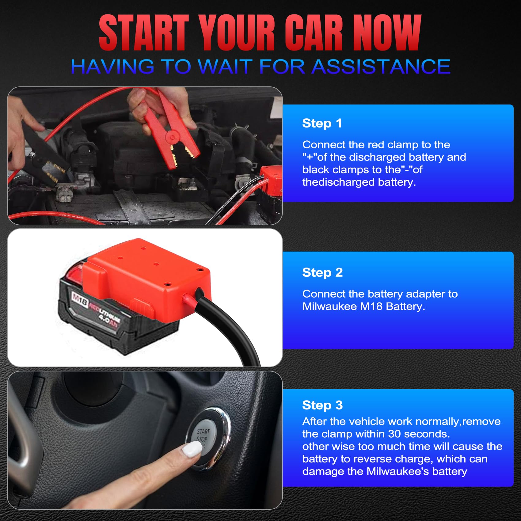 Milwaukee M18 18 V Batterie-Starthilfe-Kabelklemmen, 8-AWG 1,5 m Auto-Starthilfekabel, Kabel-Elektrowerkzeugleitung für die meisten Autos