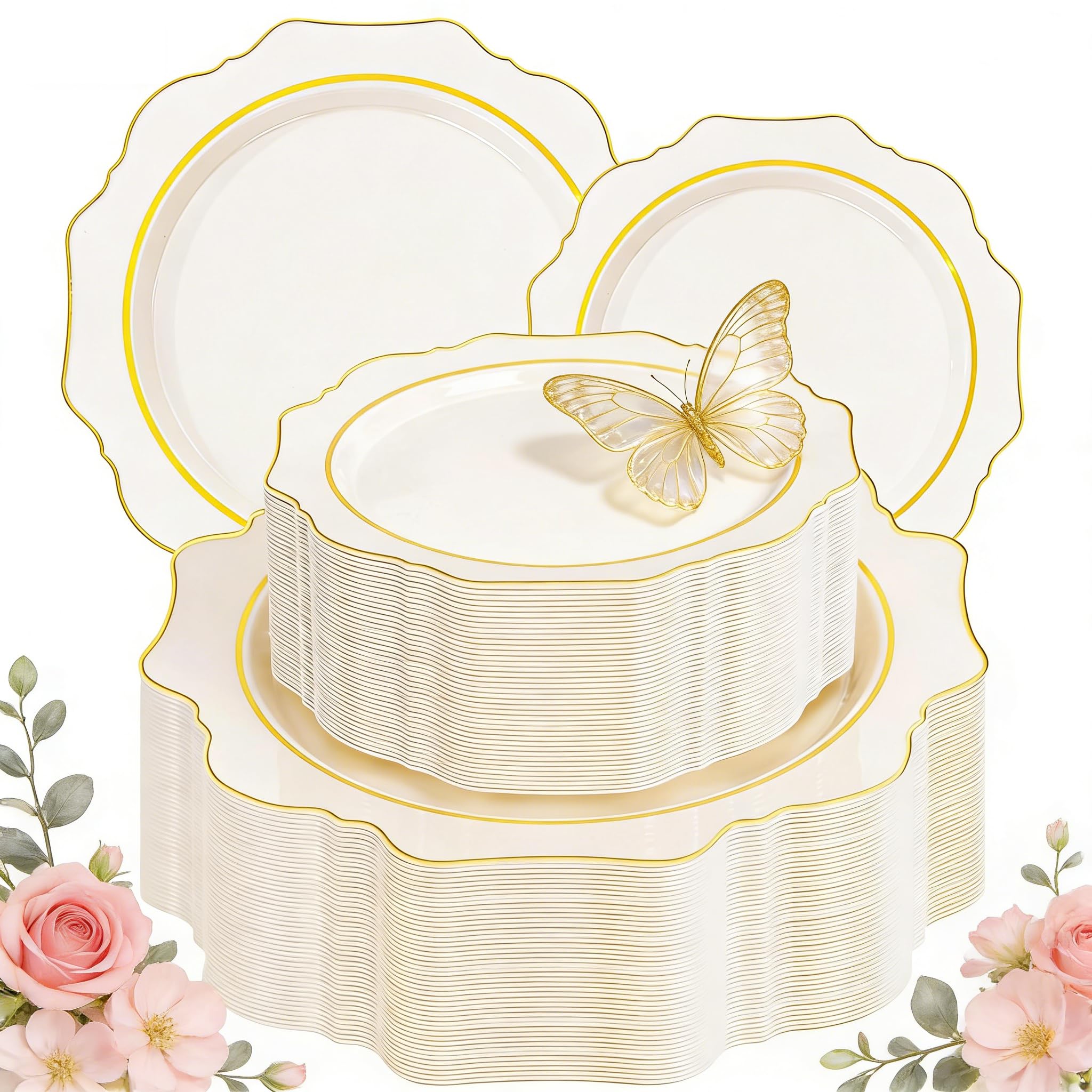 Ivory Gold Rim Plates - 200 Disposable Plates for Parties -18