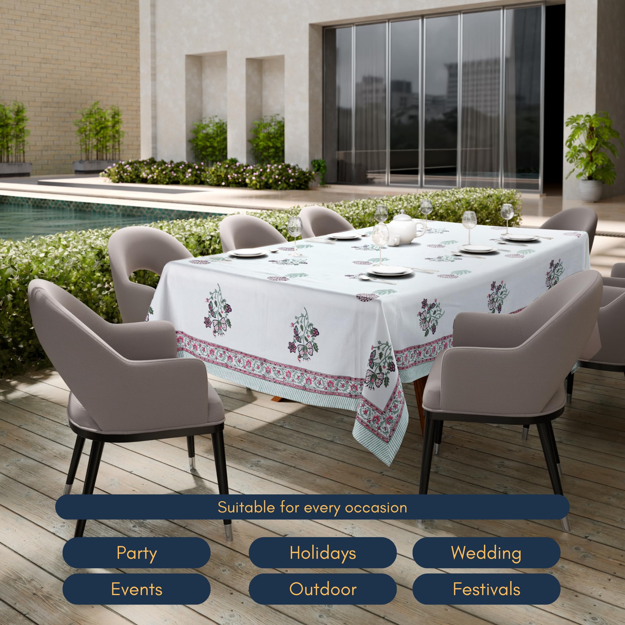 NIRVELLA Rectangle Table Cloth - Cotton Linen Block Print Tablecloth - 60x108 Inch 8 Seater - Boho Farmhouse Decor Indoor Outdoor Picnic Party Banquet Wedding Dining- Provence Meadow (White Green Red) 3