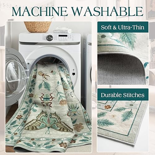 Miniatura 3 de Alfombra floral para sala de estar, 5 x 8 pies, color marfil, suave, lavable, bohemia, para dormitorio, estética, resistente a las manchas,