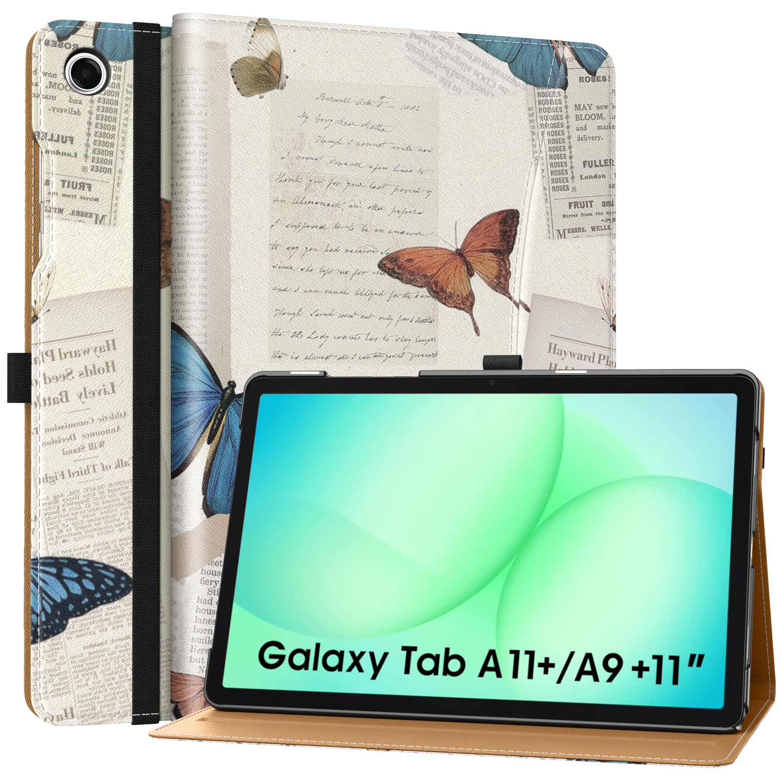 MoKo Hülle für Samsung Galaxy Tab A11+ Plus 11 Zoll 2025/ A9+ Plus 2023, PU Leder Mehrere Winkel Hülle für Galaxy Tab A11+/ A9+ mit Handschlaufe, Fronttasche, Auto Schlaf/Aufwach, Schmetterling