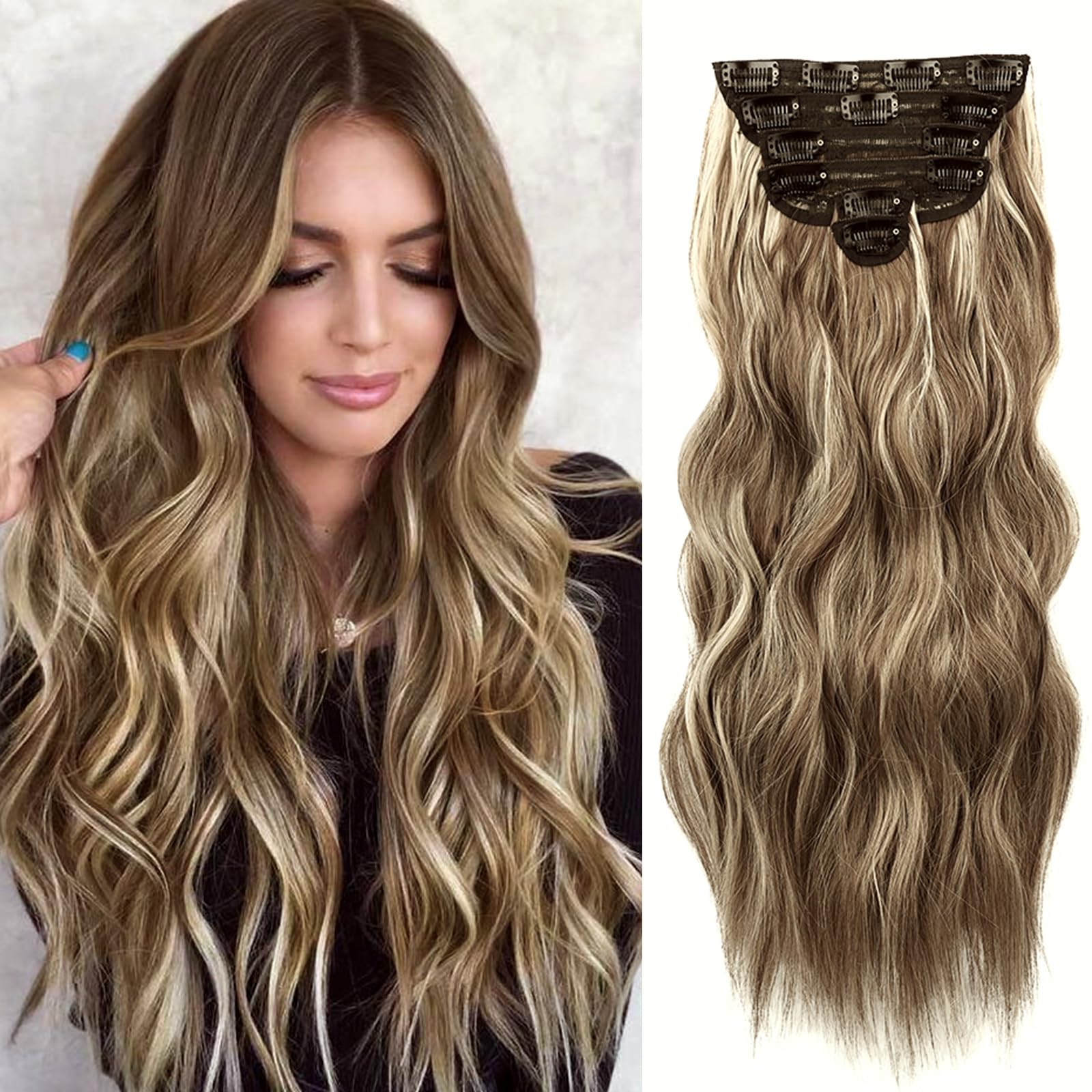 - 20” ASH BROWN TO SANDY BLONDE LOOSE WAVE CLIPINS Ash Brown / Sandy Blonde Highlights Thinning Hair Fill-Ins main image 3