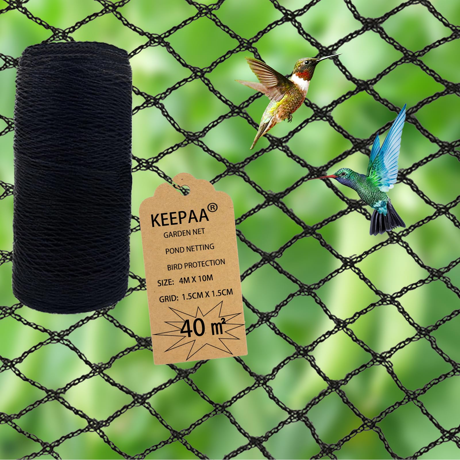 Filet Anti Oiseaux Jardin 4mx10m 15mm Mailles pour Volaille Poulailler Anti Faucon Noir