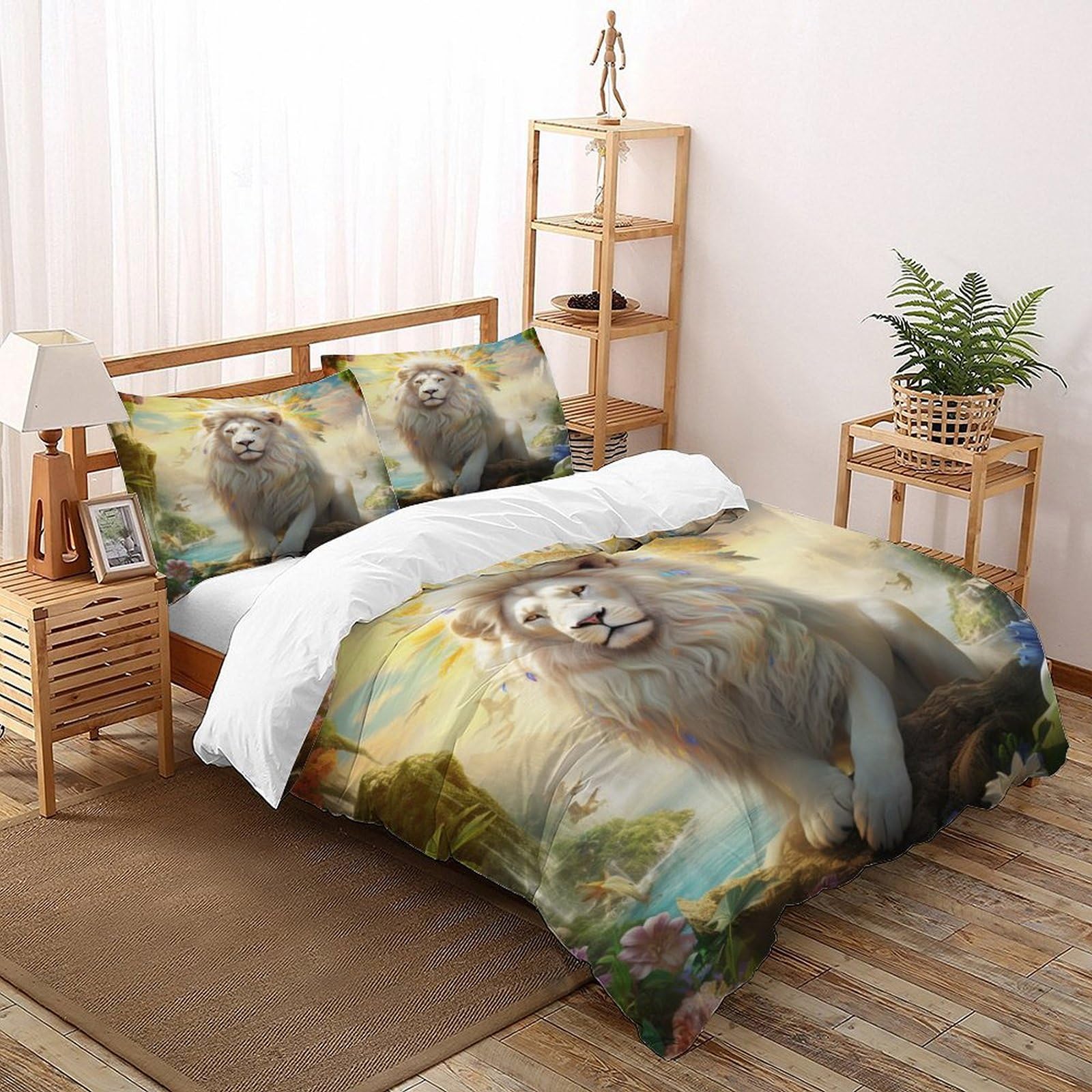 Housse de couette lion blanc 260x220 cm avec taies d'oreiller en microfibre pour lit Super King