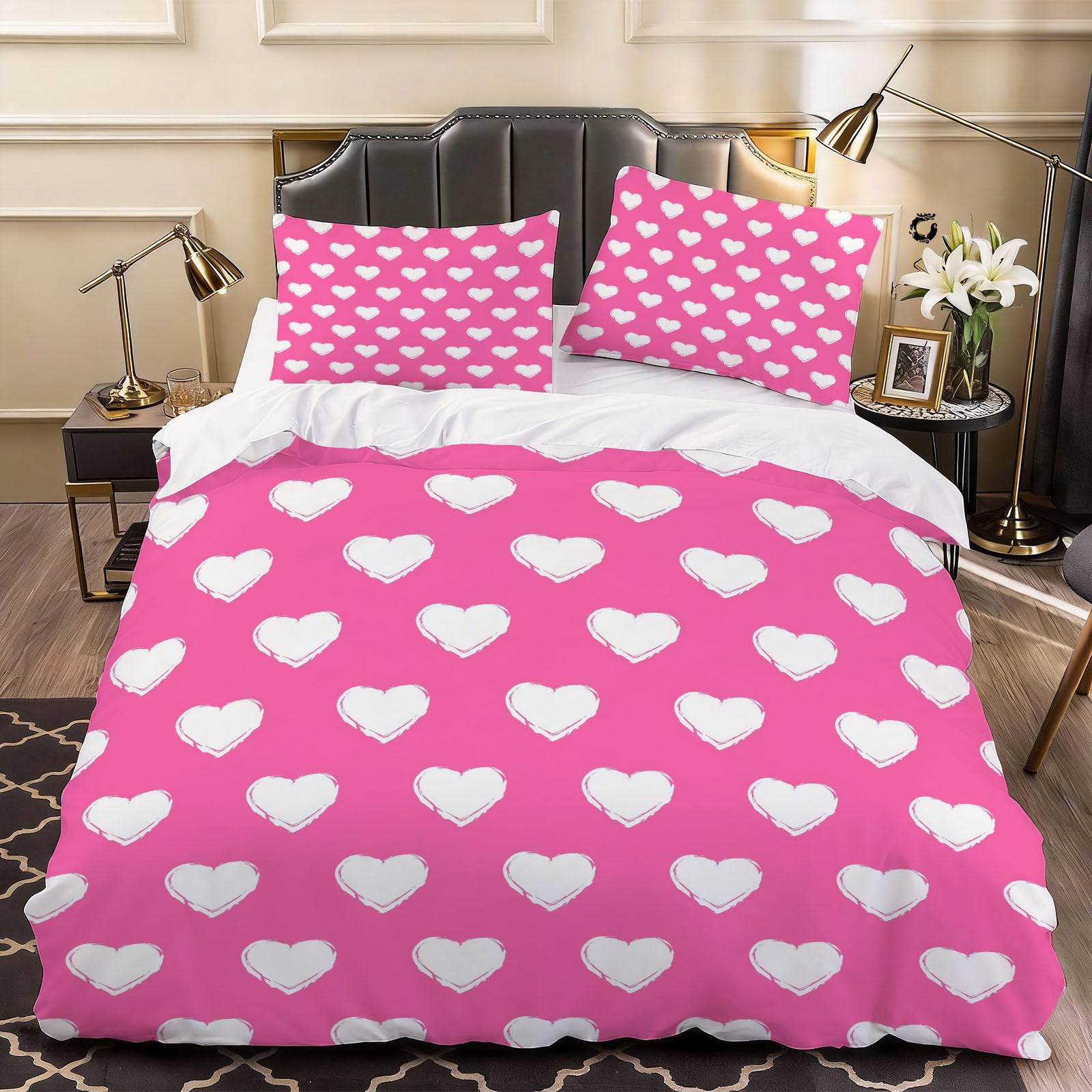 3D Romantic Heart Duvet Cover Cartoon Bedding Double Bed Set, Soft Microfiber Comforter Cover Printed with Zipper Closure Quilt Coverr 200x200 cm and 2 Pillowcases