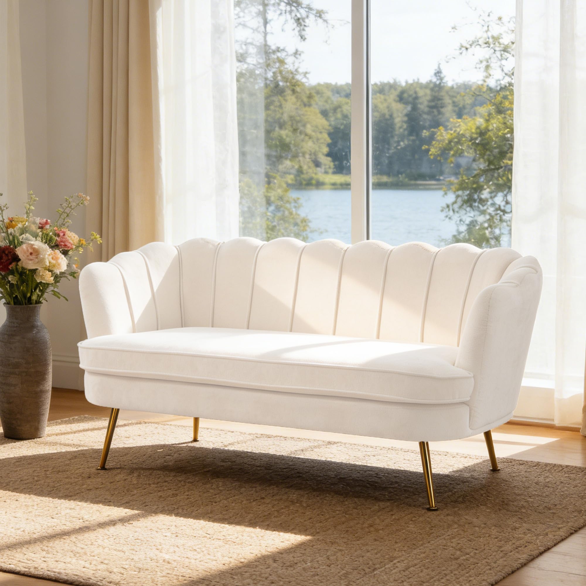 59" Small Chenille Loveseat Sofa, 2 Seater Couch Settee with Gold Metal Legs, Comfy Upholstered Floral Mini Sofa for Bedroom, Living Room, Apartment, Beige