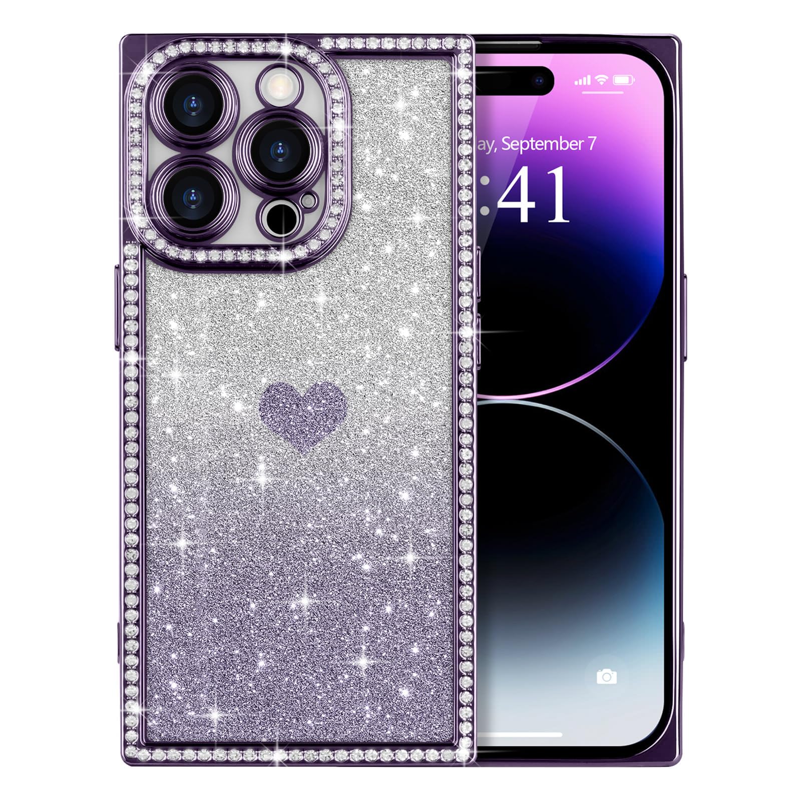ROSEHUI Rectangular Case for iPhone 16 Pro Clear Bling Diamond 3D Rhinestone Phone Case, Glitter Love Heart Design Camera Protection Soft TPU