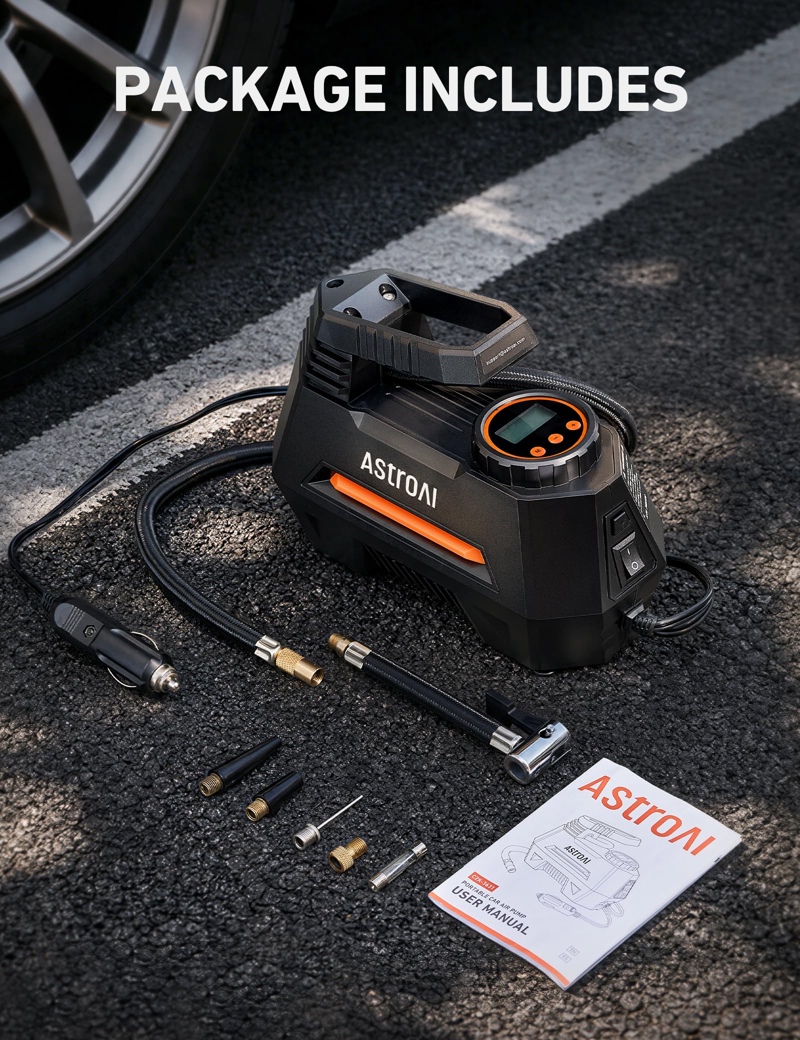 AstroAI AIRUN H Tire Inflator Portable Air Compressor, 12V DC Tire Inflator, Auto Shut-Off with Digital Pressure Gauge & LED Light, Fast Inflation for Car, Motorcycle, Bike Tires, 9.8Ft Cord, Orange view 8