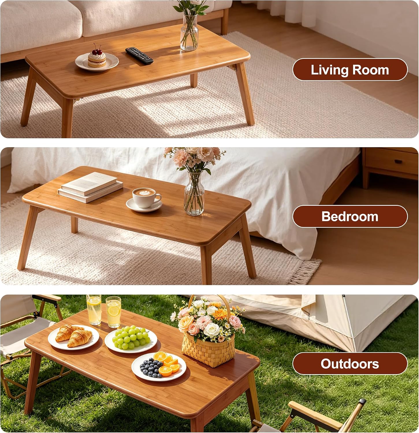 Japanese Folding Coffee Table, Mid Century Modern Bamboo Tatami Low Table, Portable Space-Saving Floor Table for Sitting on the Floor, Small Space Living Room Bedroom
