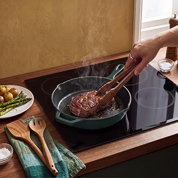 SALTER Chester Cast Iron Frying Pan - 26 cm Universal Frying Pan, Oven Safe up to 240 C, Grilling, Roasting & Searing, Stove to Oven to Table Cookware, Induction Safe, PFAS Free, Green