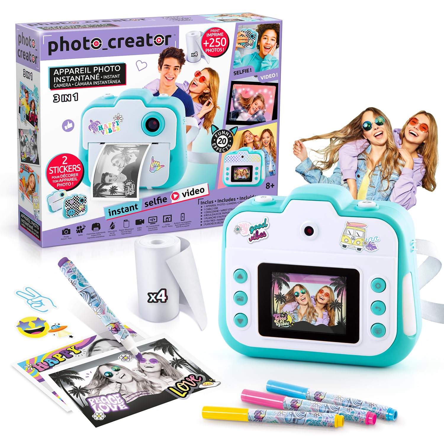 Canal Toys - Photo Creator - Fotocamera 3 in 1 Turchese - Stampa Istantanea su carta termica - Selfie e Videocamera - Fotocamera Istantanea - Regalo Bambini 8 Anni + - 4 Rotoli - 250 Scatti - CLK 001